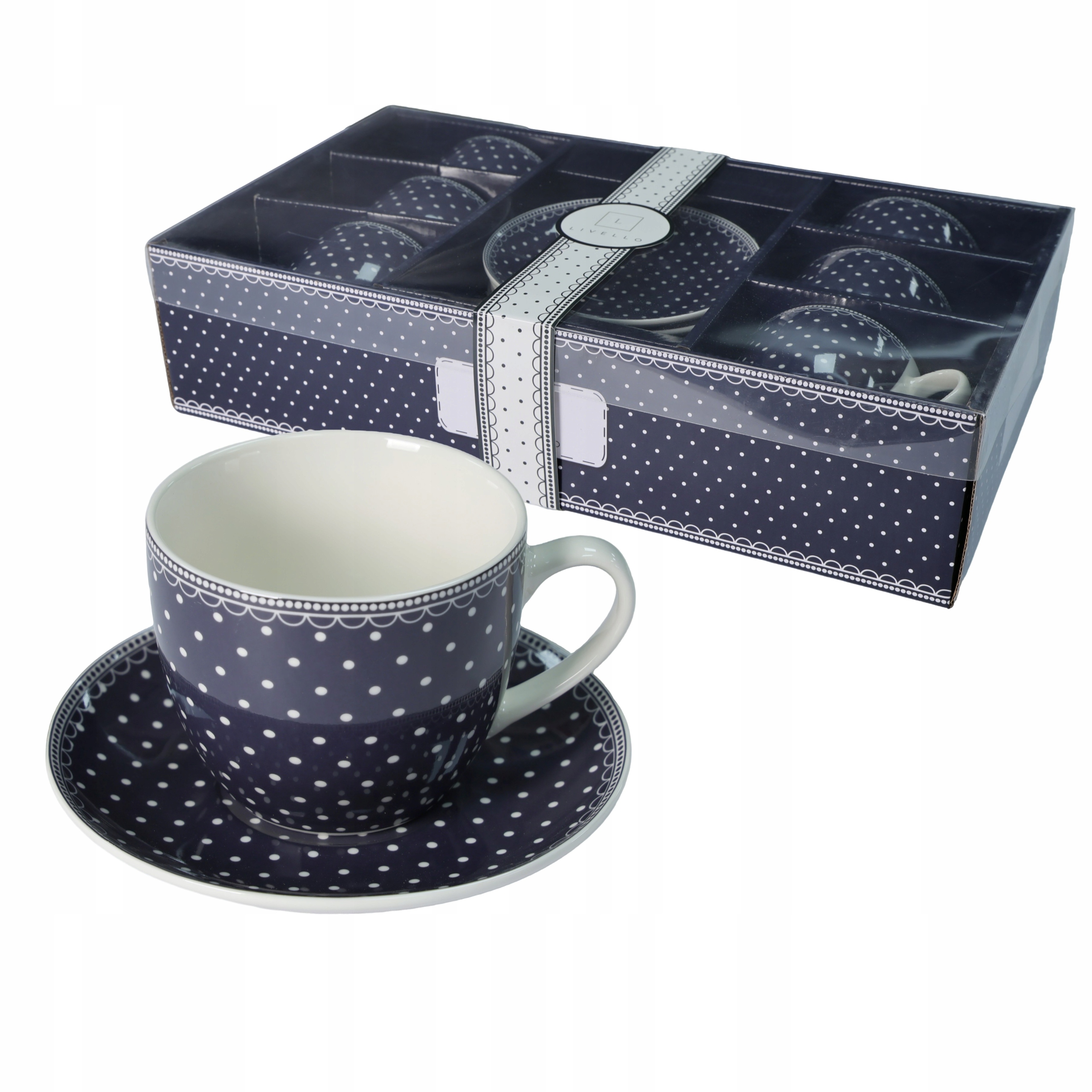 Livello Kávový servis 6 x šálek 250 ml s podšálkem 14 cm na kávu s puntíky