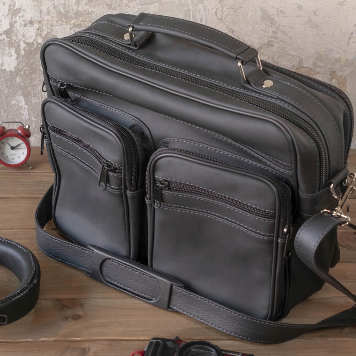 Torba Męska do Pracy z Kieszeniami Skórzana Duża Czarna Belveder Nord13