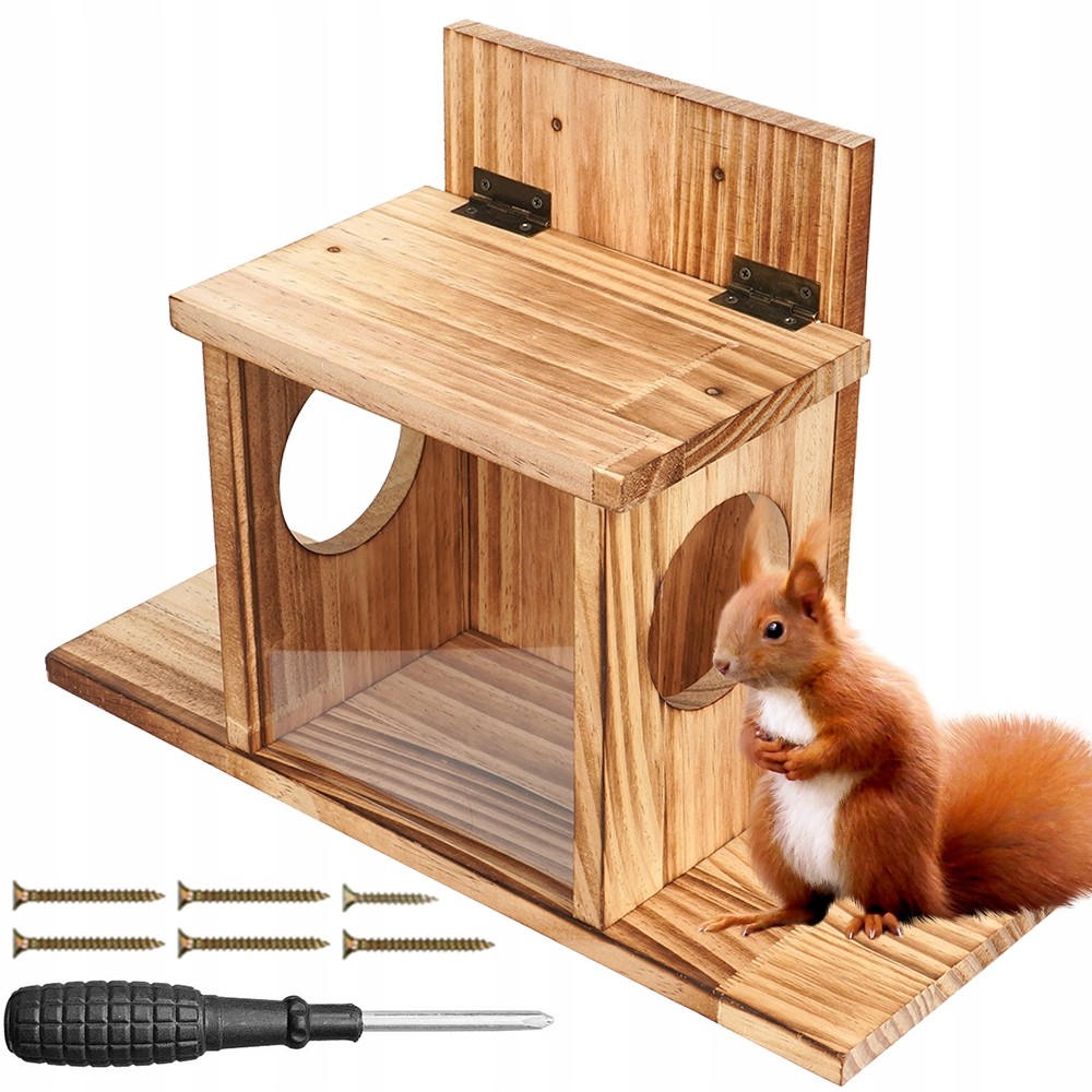 Krmítko pro veverky s plošinou pro krmení a zvedacím víkem