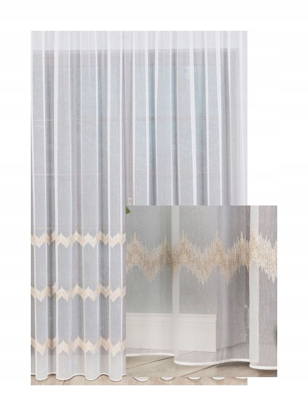 Módní záclony do obývacího pokoje Záclona s bílou páskou a zlatým vyšíváním, 110 x 265