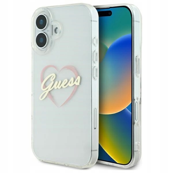 Pouzdro Guess pro Apple iPhone 16 hardcase IML Heart průhledné