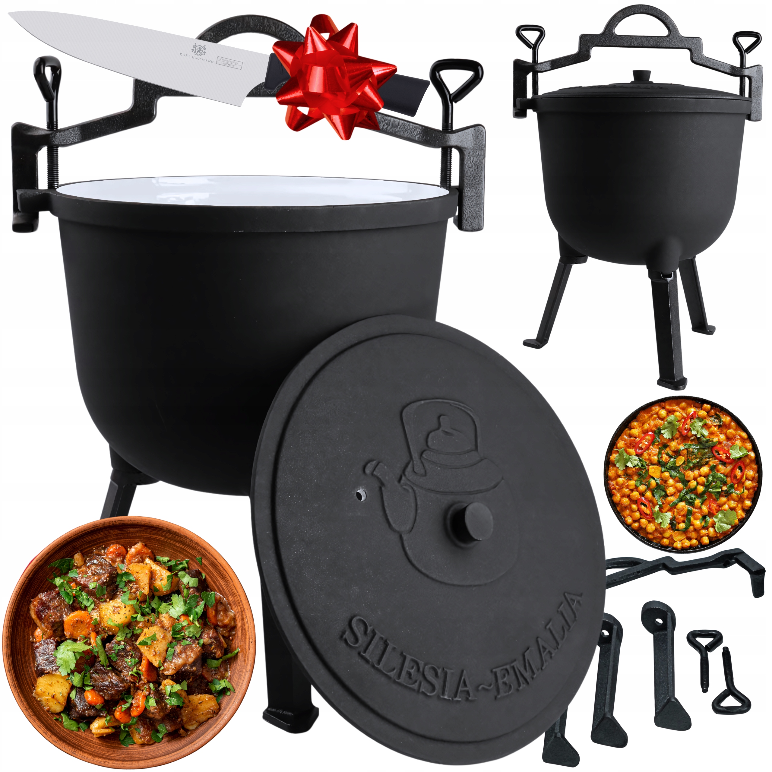 KOCIOŁEK ŻELIWNY EMALIOWANY 10L OGNISKO KOCIOŁEK MYŚLIWSKI NÓŻ SZEFA KUCHNI