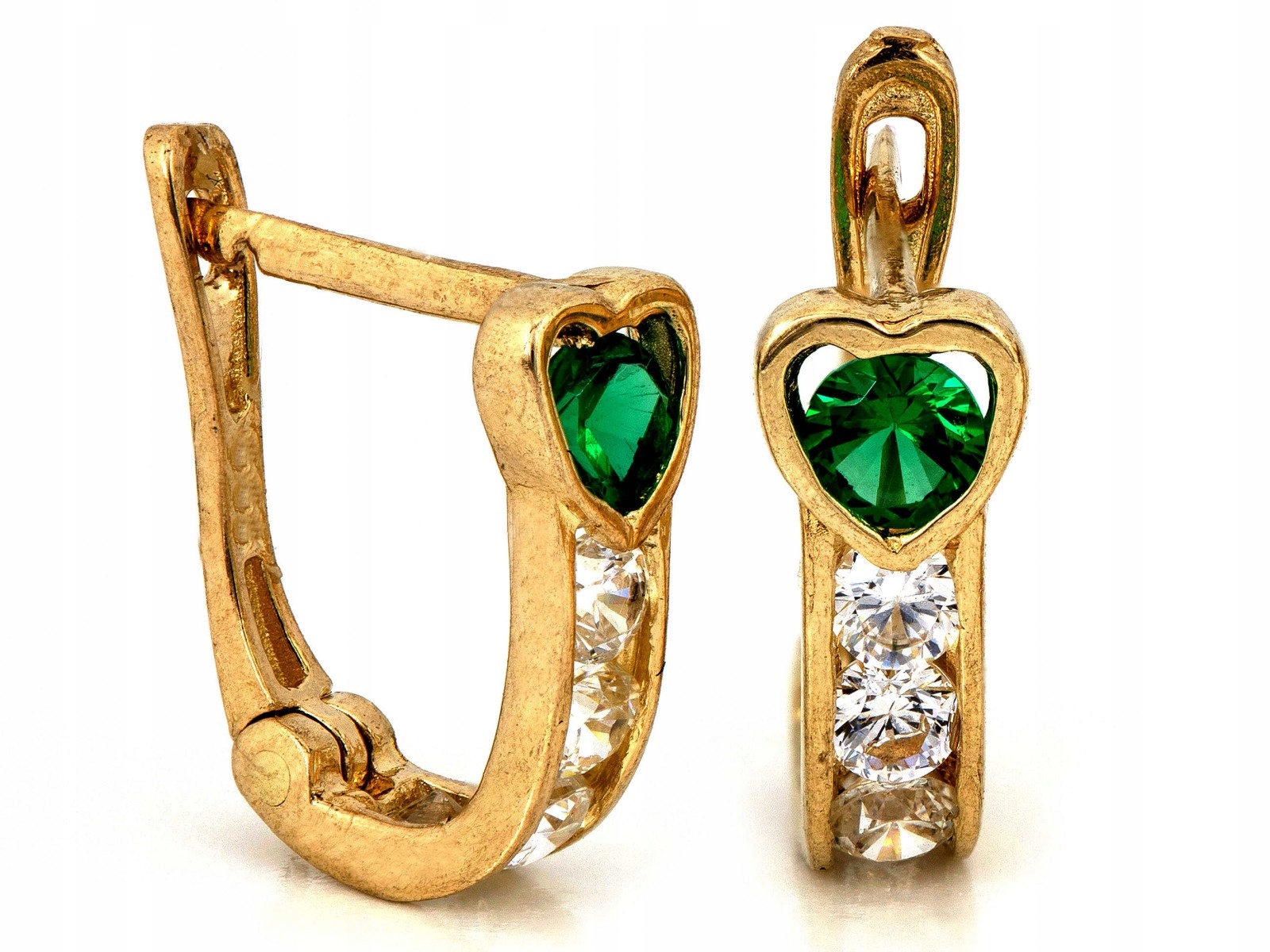 Náušnice zlaté 585 anglické srdce se zelenými a bílými zirkony 1.06 g