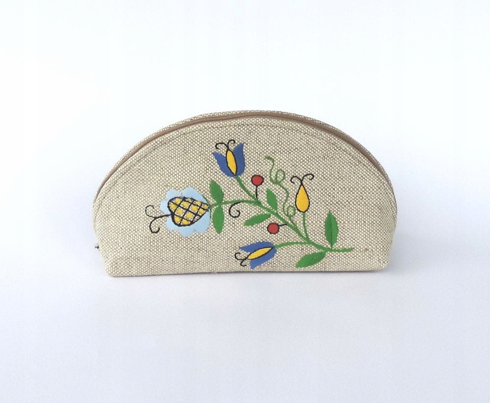 Kosmetická Taška Folk S Výšivkou Kašubské Květiny Lněná Handmade