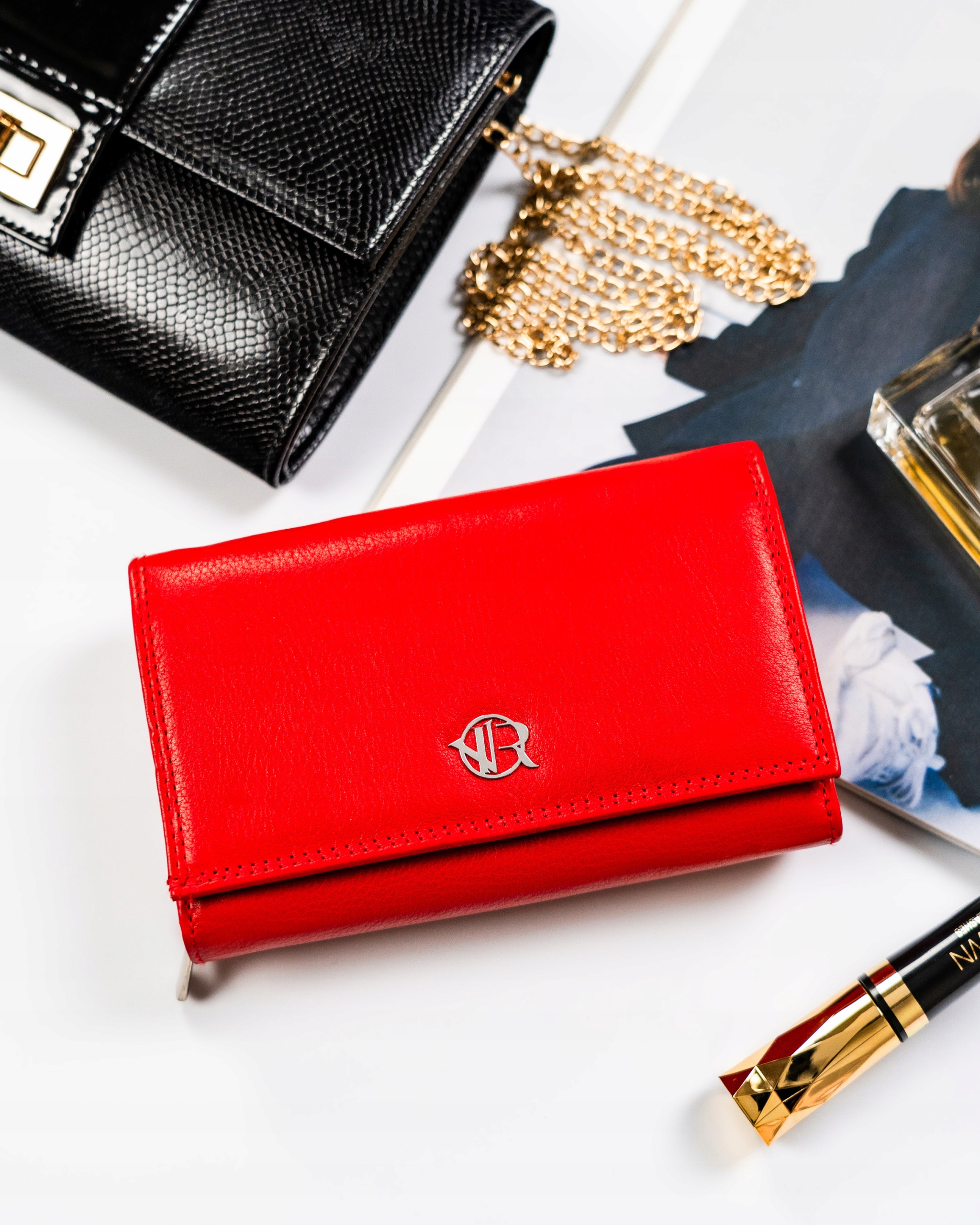 Portfel skórzany damski gładki czerwony RFID skóra naturalna Rovicky Marka Rovicky