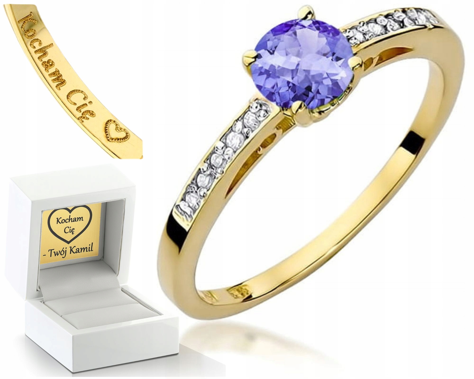 Prstýnek Ze Žlutého Zlata S Diamanty A Gravírování Tanzanitem, Dárek 585