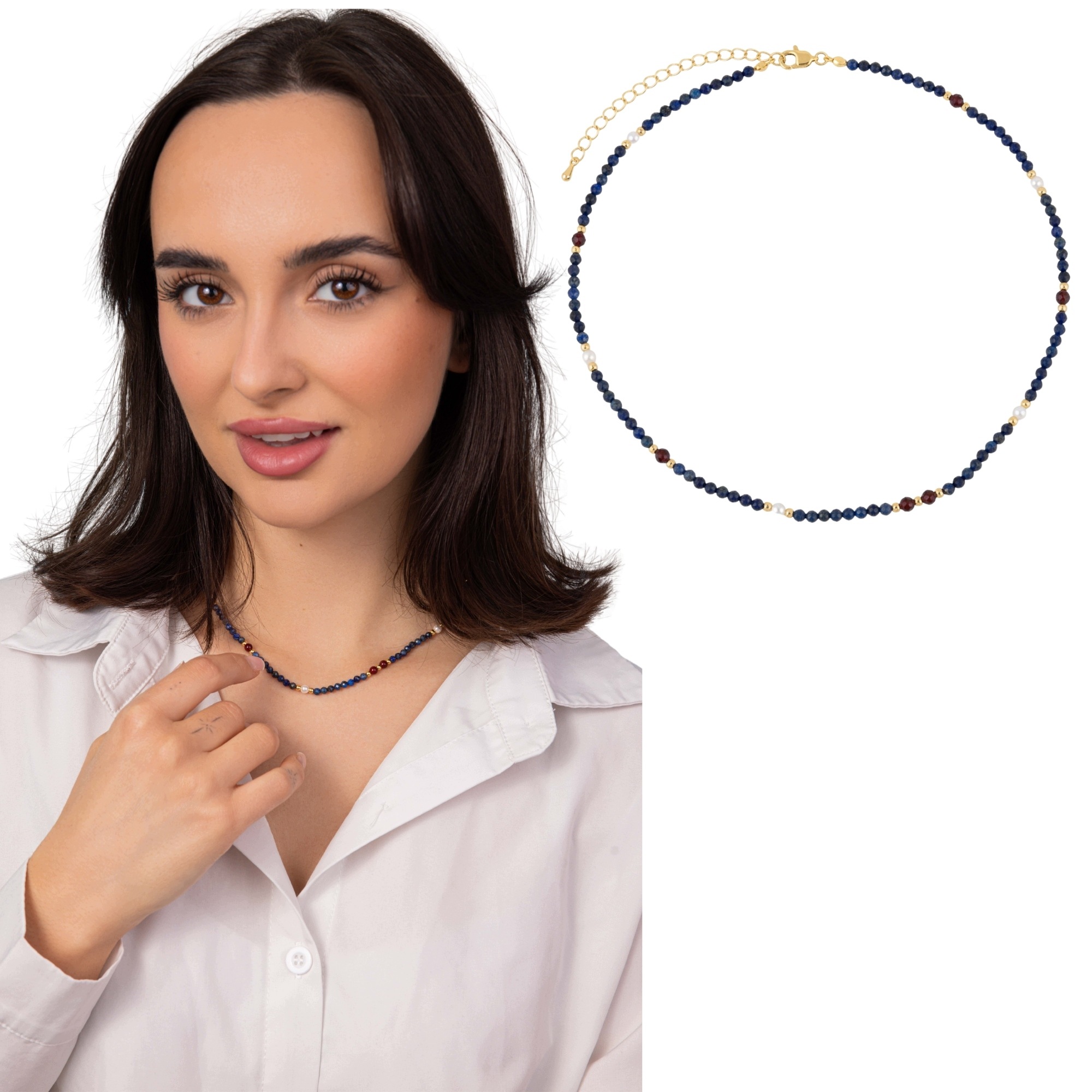 Náhrdelník z přírodních kamenů Lapis Lazuli Granátově modrý Zlaté detaily