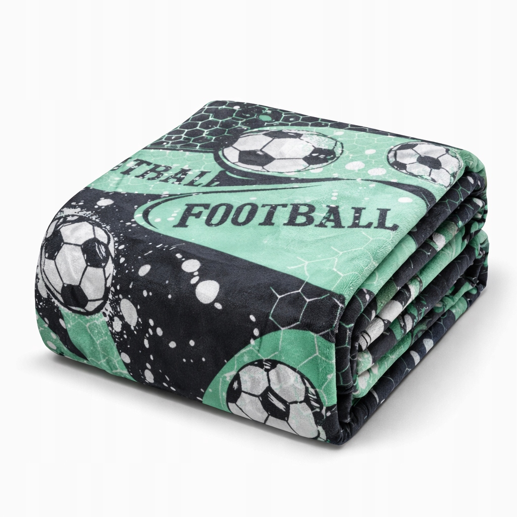 Koc Piłka Nożna Miętowo Czarny Wzór Sportowy Młodzieżowy 150x200