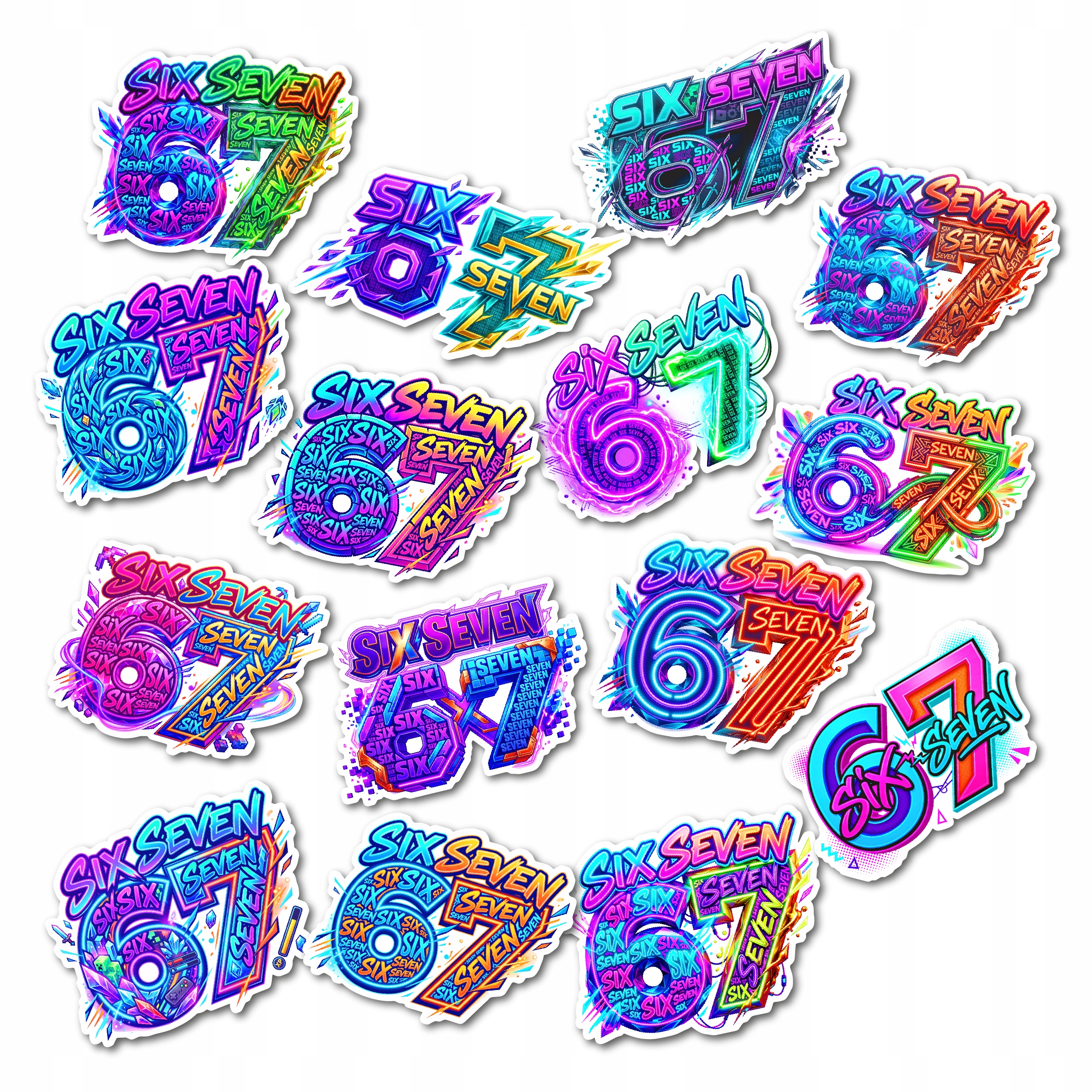 Zestaw 15 Naklejek "67" – Six Seven Viral! Neon gaming Wlepki na folii