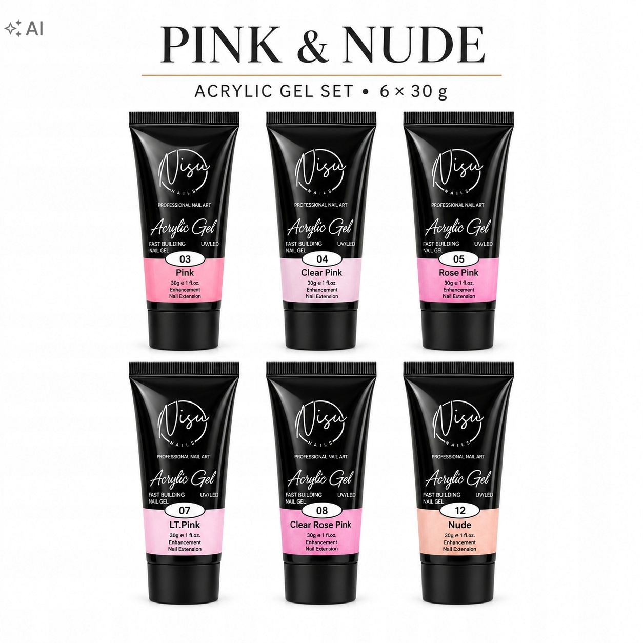 Nisu Nails Sada akrylových ložisek Pink & Nude 6×30g Uv/led bez Hema a Tpo