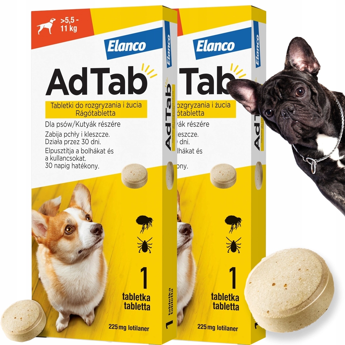 2 x Tabletka Adtab dla Psa do 11 kg Kleszcze pasożyty Pchły na 60 dni