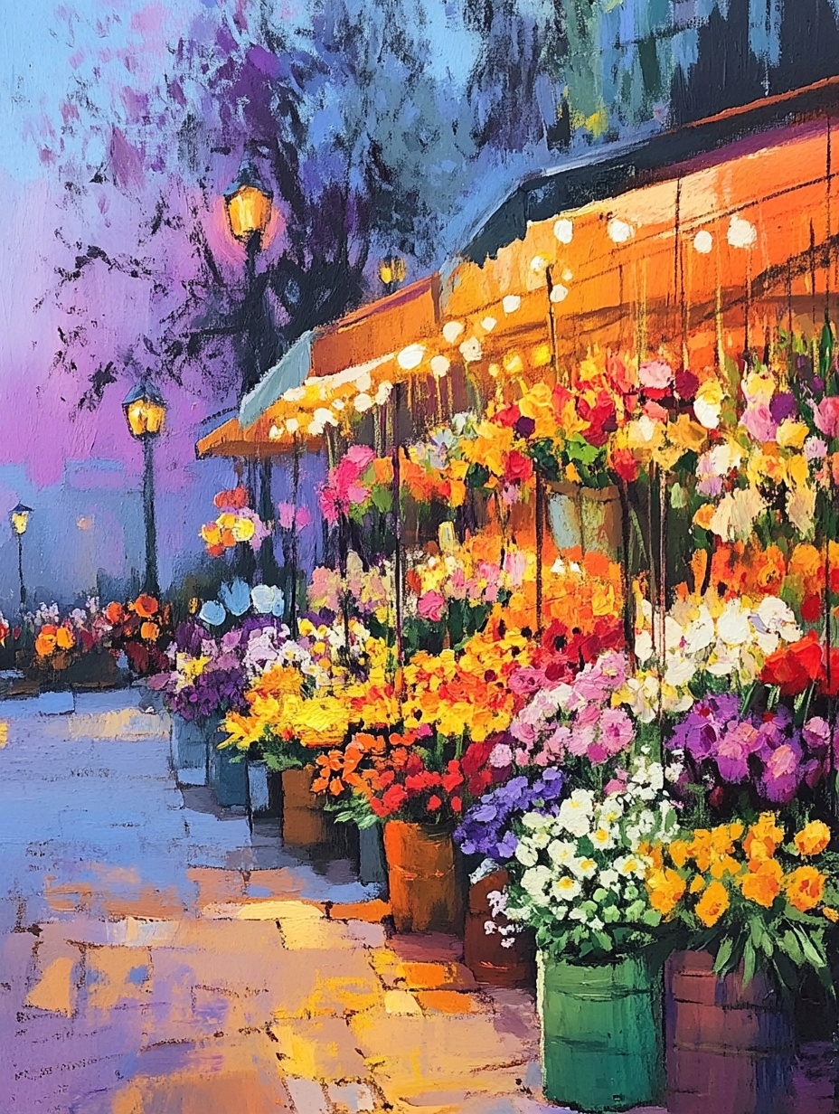 Obraz Na Plátně Canvas Město Ulice Večer Obchod Stragan Květiny 60x80