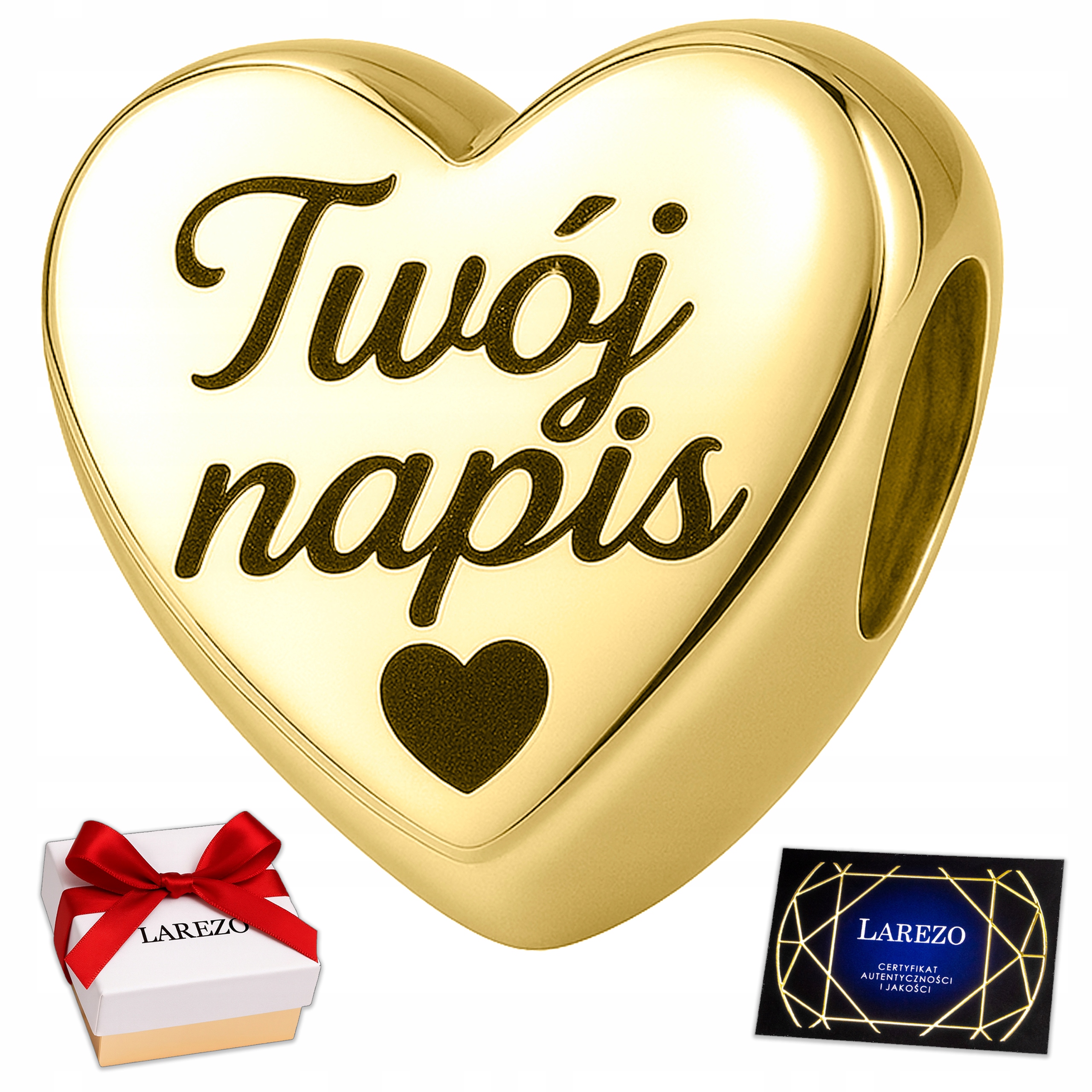 Zlatý přívěsek Charms 925 Srdce s Vaším Gravírování Nápis Korálek Srdíčko s gravírováním Nápisem