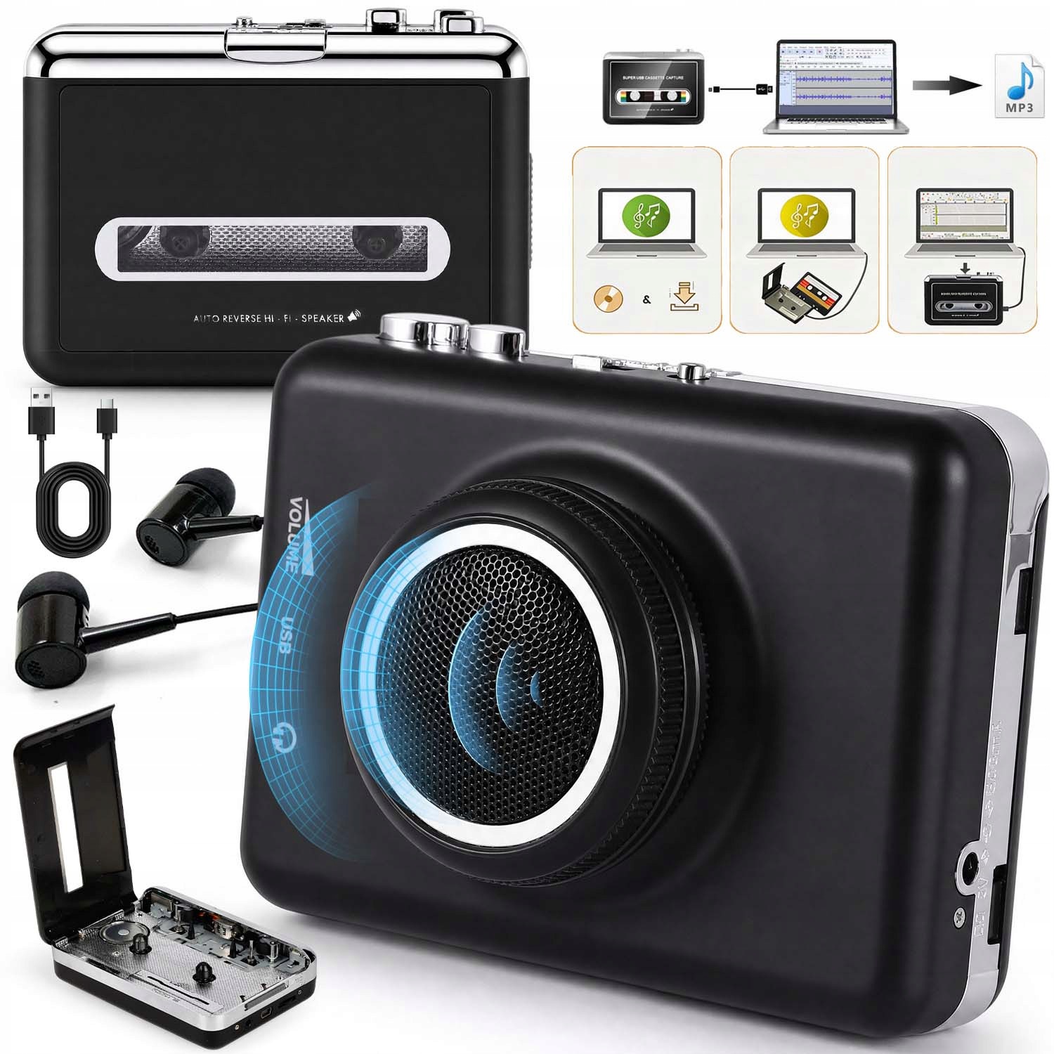 Kazetový Přehrávač Magnetofon Walkman Převodník Usb MP3 Přenosný Náušník