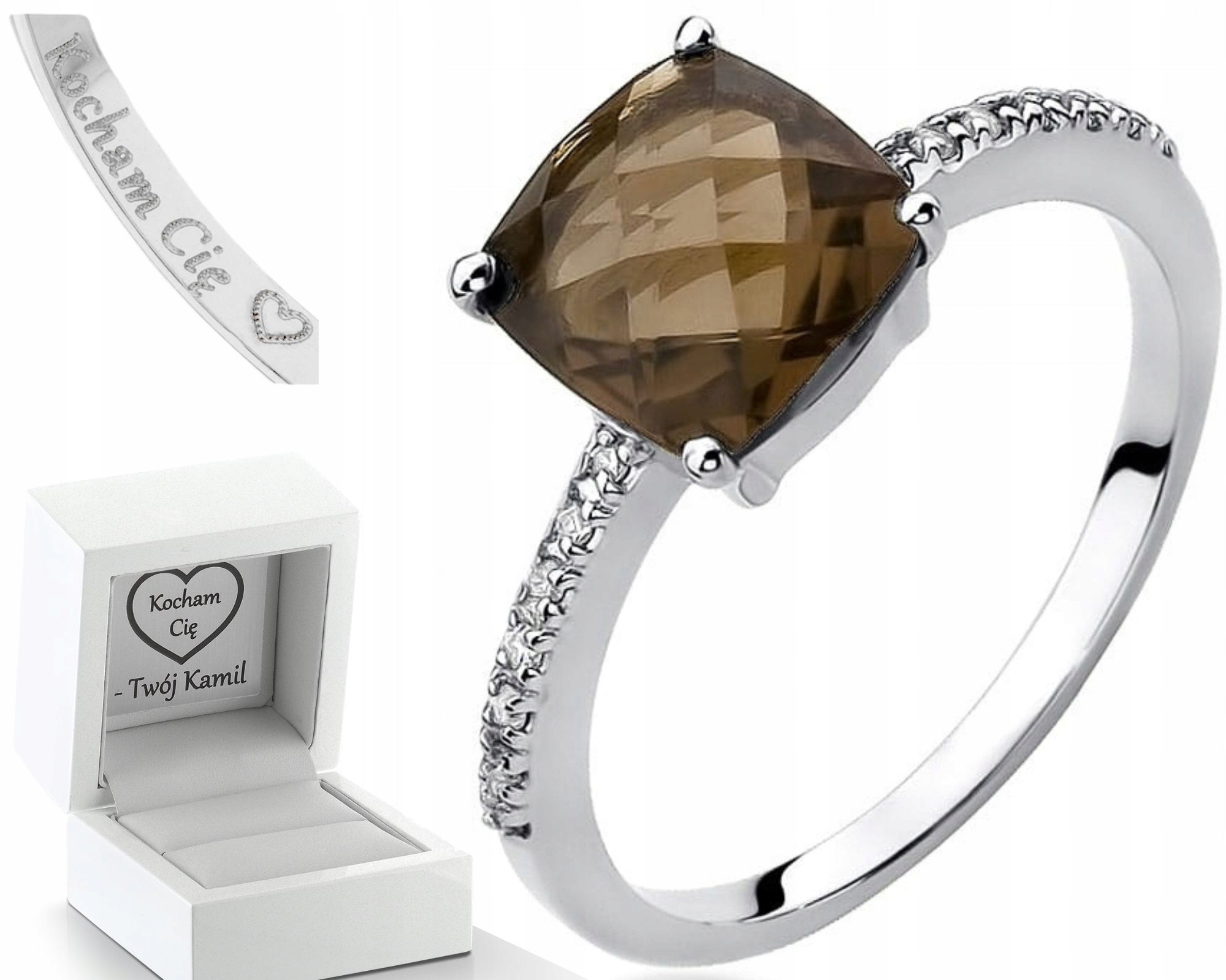 Bílý Zlatý Prstýnek Kouřový Křemen Briliant Gravírování