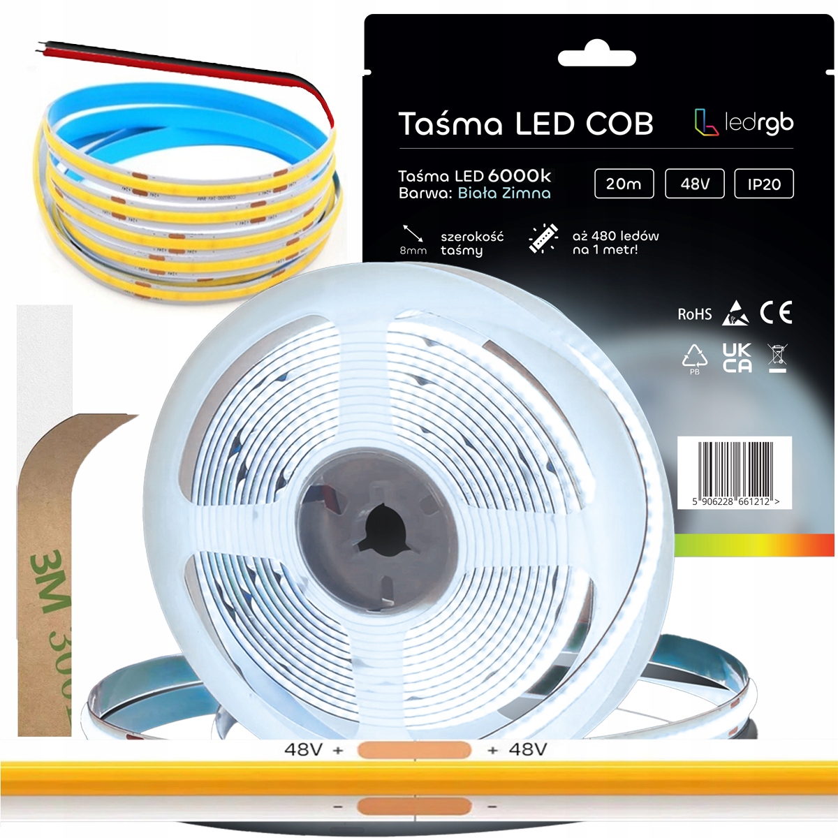 Led páska Neon Cob 48V 20 m 480 diod 6000K Bílá Studená Homogenní 8MM