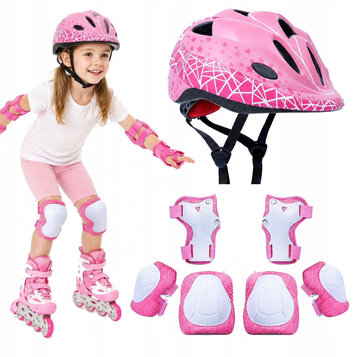 Zestaw kask+ochraniacze dla dzieci 3-8 lat–7 elementów,regulowany,różowy