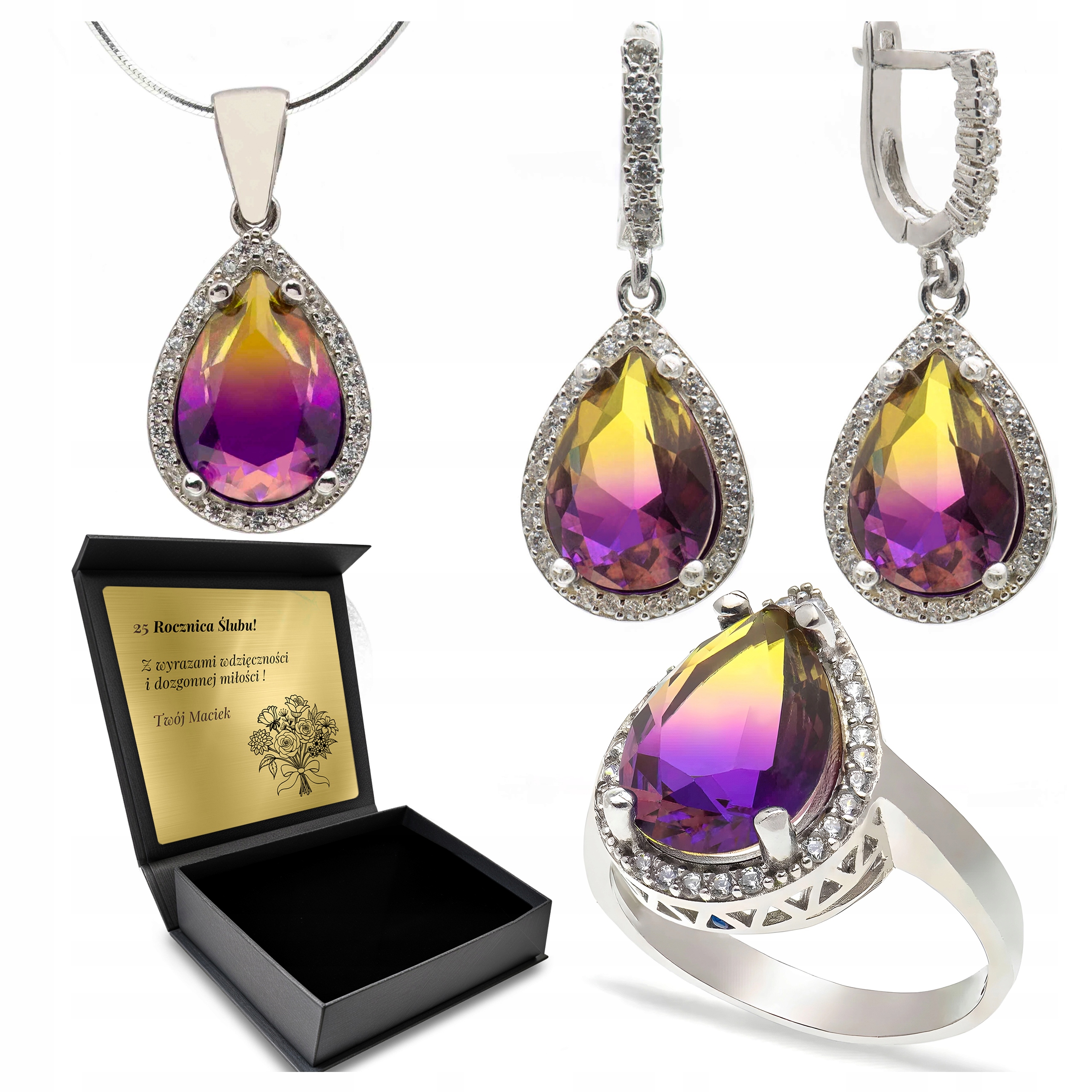 Sada Stříbrných Šperků 925 Zirkony Ametryn Set Pro Ženu Gravírování