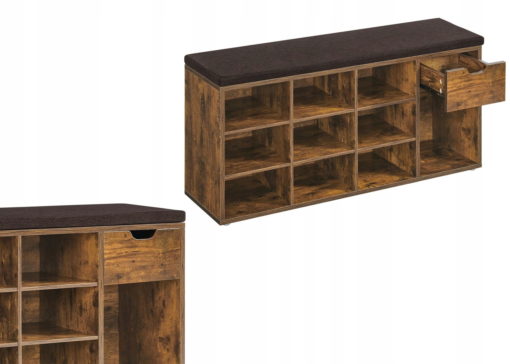 Rustikálna lavička na topánky s mäkkým sedadlom, 10 políc, 1 zásuvka