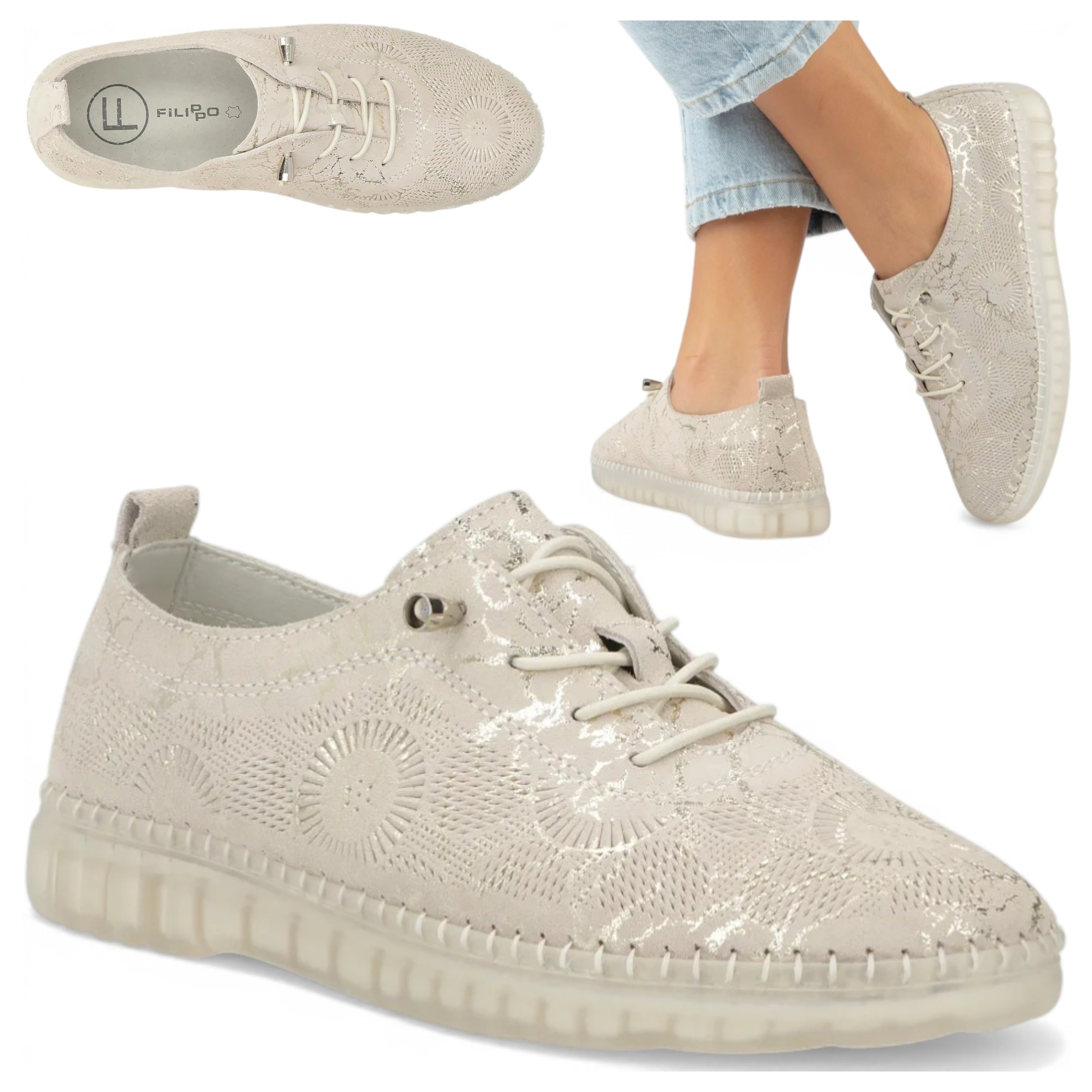 Sneakersy Damskie Skórzane 37 Filippo Półbuty Wsuwane Beż Płaskie