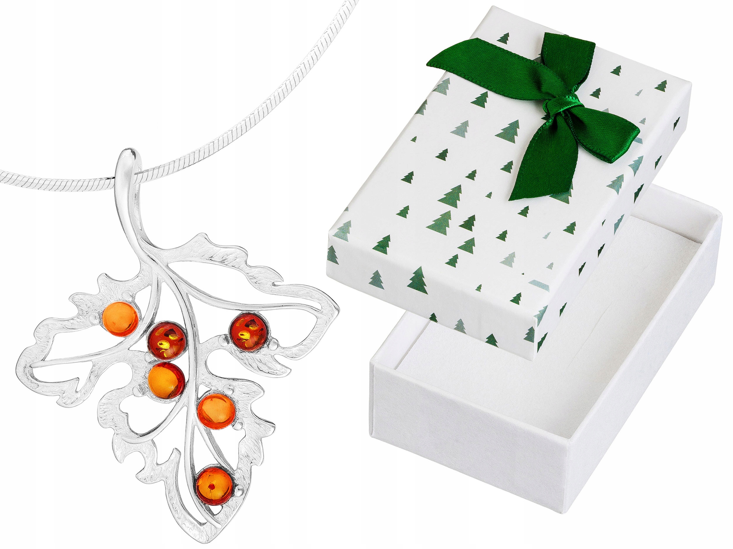 Dlouhý Stříbrný Prolamovaný Dámský Náhrdelník List s Jantarem Lístek Stříbro 50