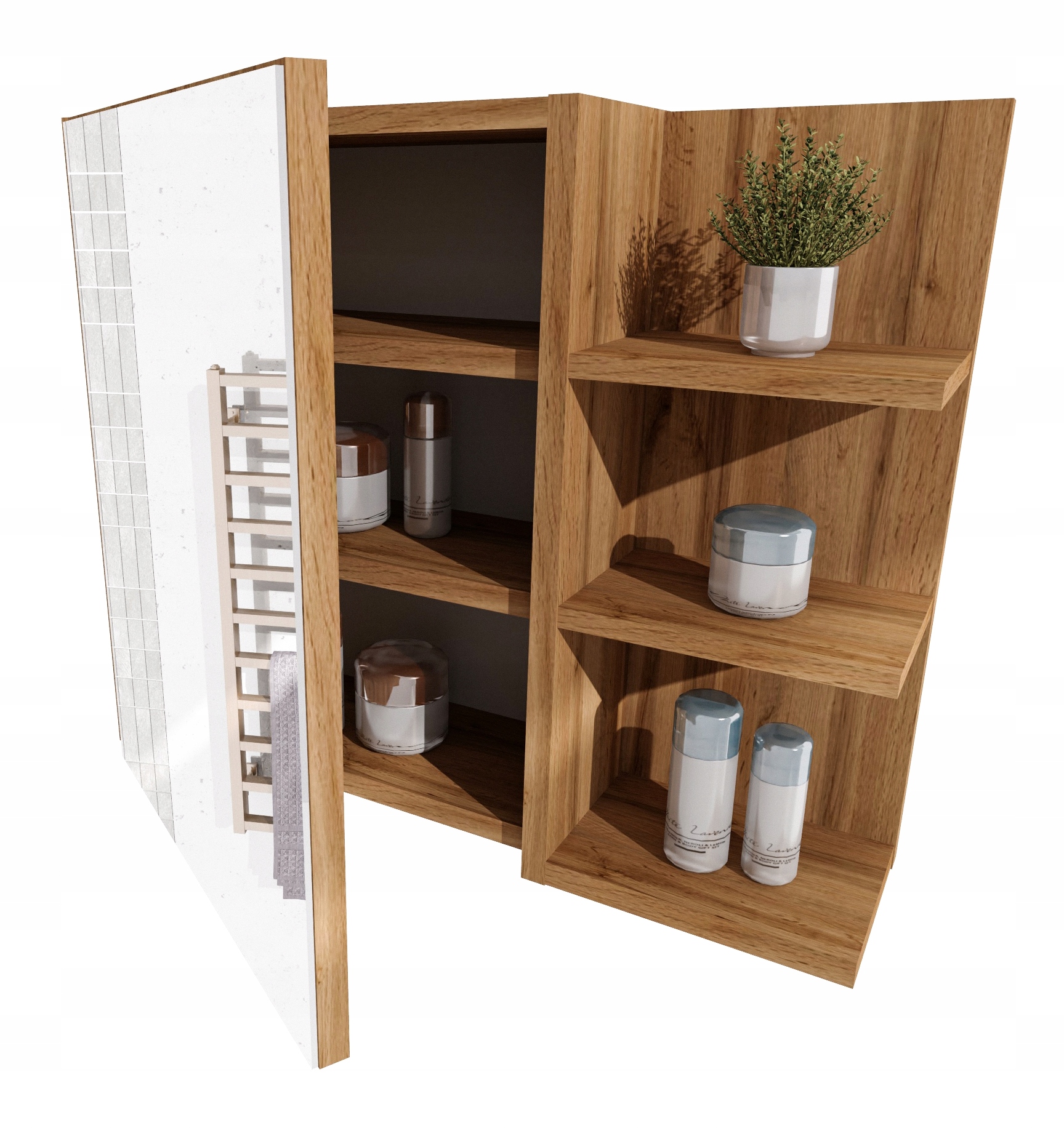 Koupelnová skříňka koupelnový regál police zrcadlo závěsná dub Wotan závěsná