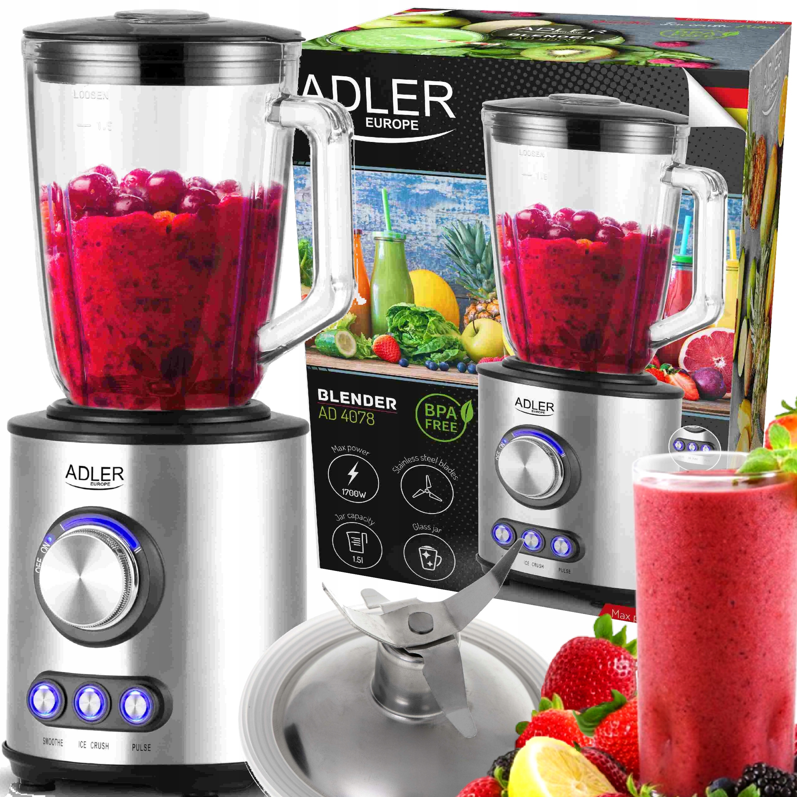 Stolní Mixér Se Skleněnou Nádobou Na Smoothie Koktejly A Ovoce Drtí Led 1700 W