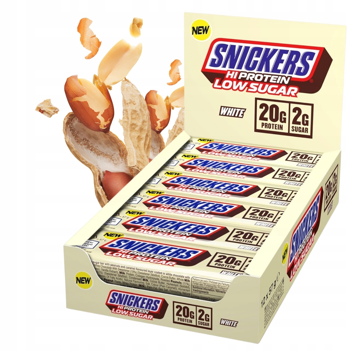Hi Protein Snickers Low Sugar 57 g Proteinová tyčinka Pouze 2 g Cukru 12 ks
