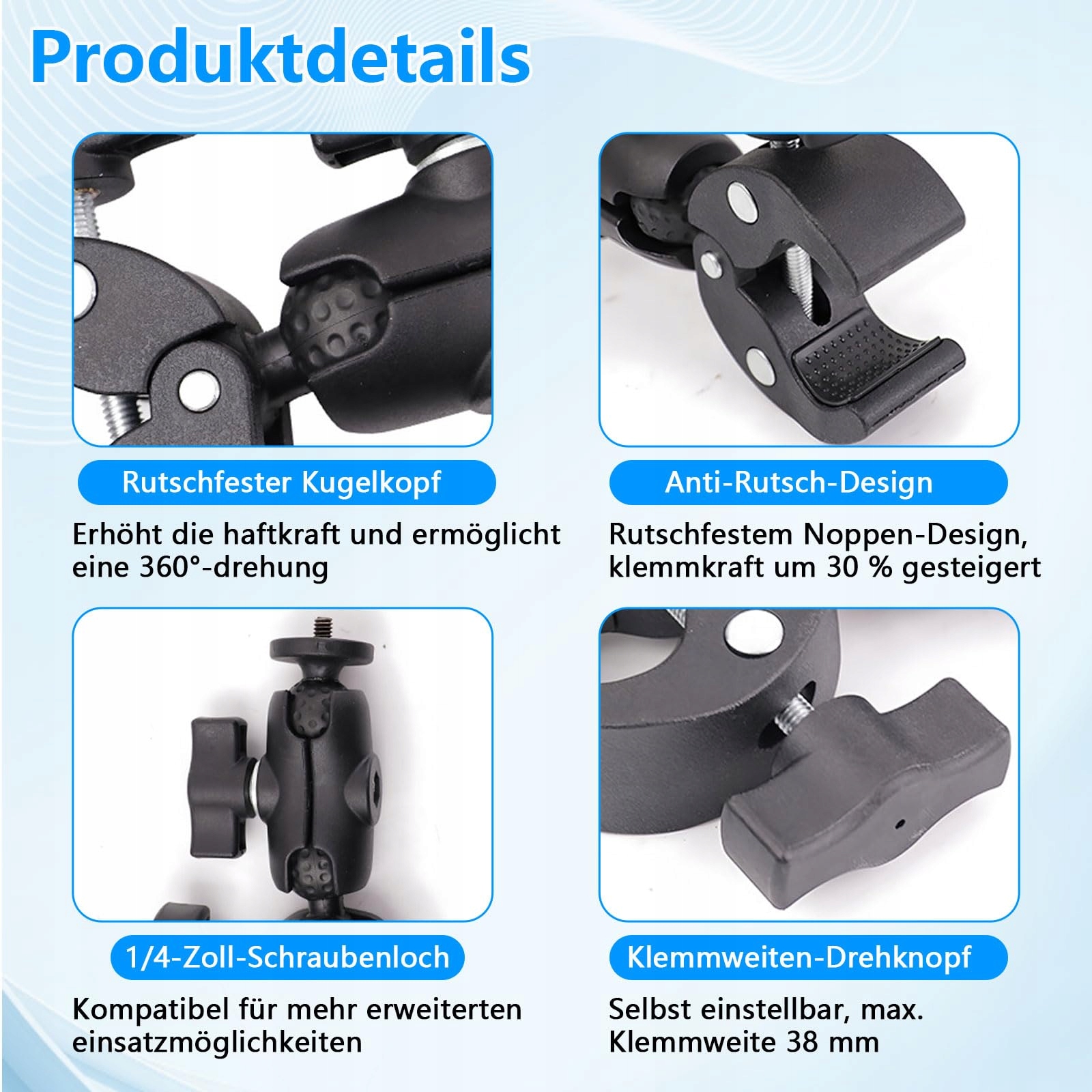 Uchwyt Kamery Motocyklowy 360° Klamra Selfie Stick 120cm Rower YUZINO — miniatura 6