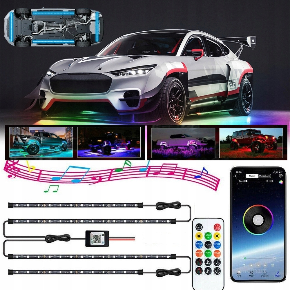 Podsvícení Podvozku Led Rgb Lampy Pásky Pod Auto Dálkový Ovladač Appka
