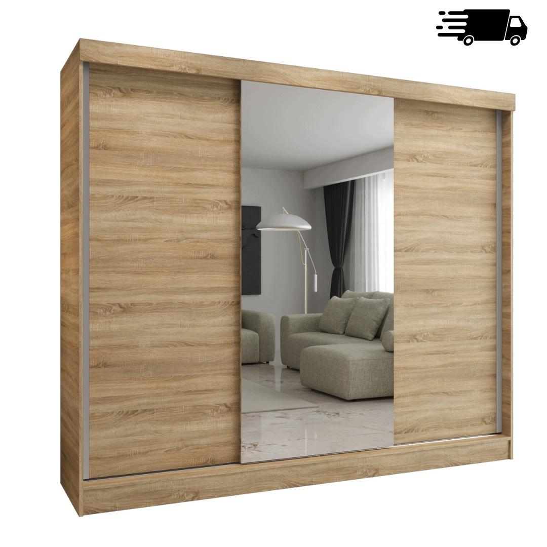 Szafa Przesuwna Z Lustrem 3D 250x205x59 cm Dąb Sonoma trzydrzwiowa S24