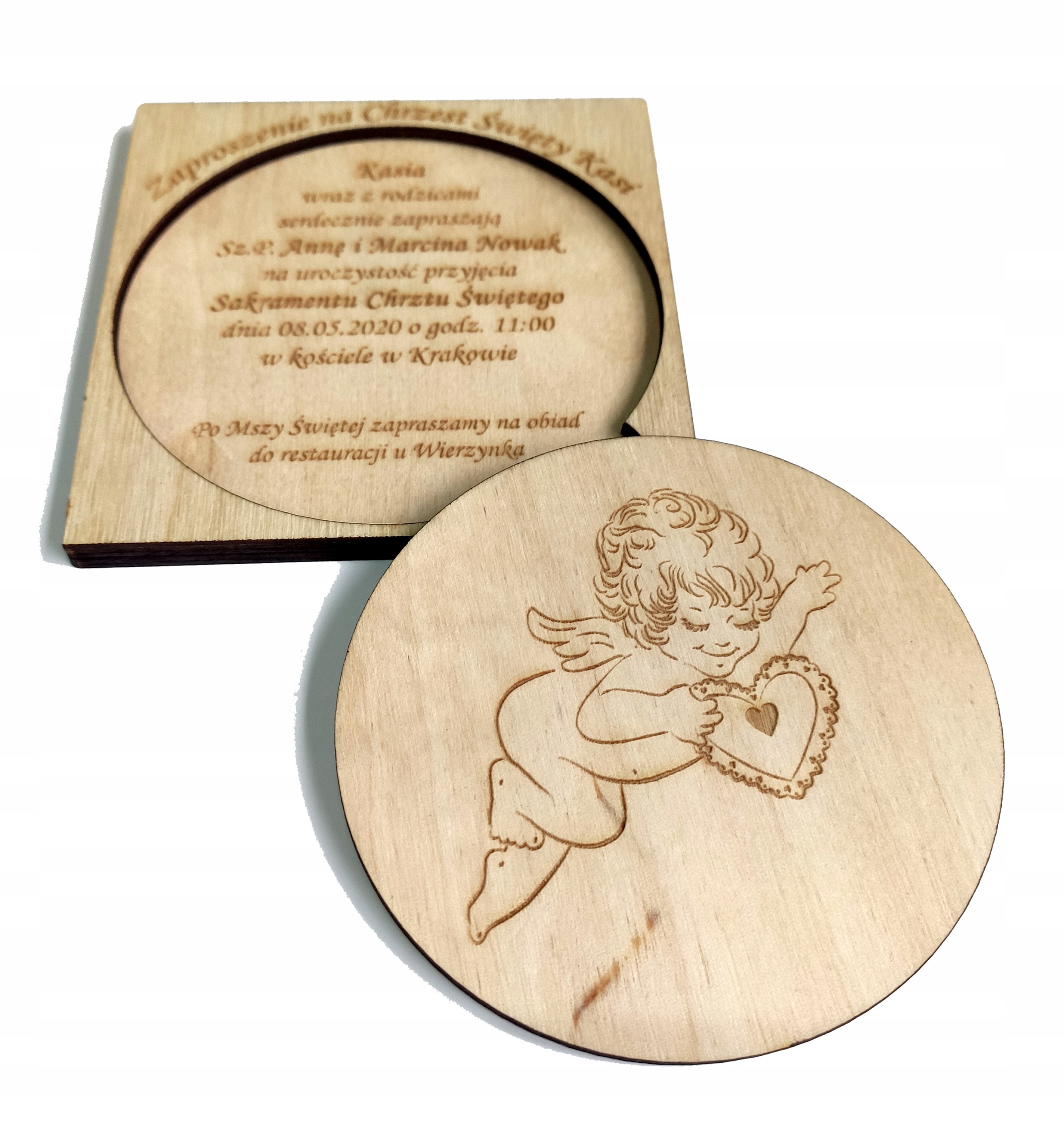 Zaproszenie na CHRZEST chrzciny drewniane GRAWER Szerokość produktu 10 cm