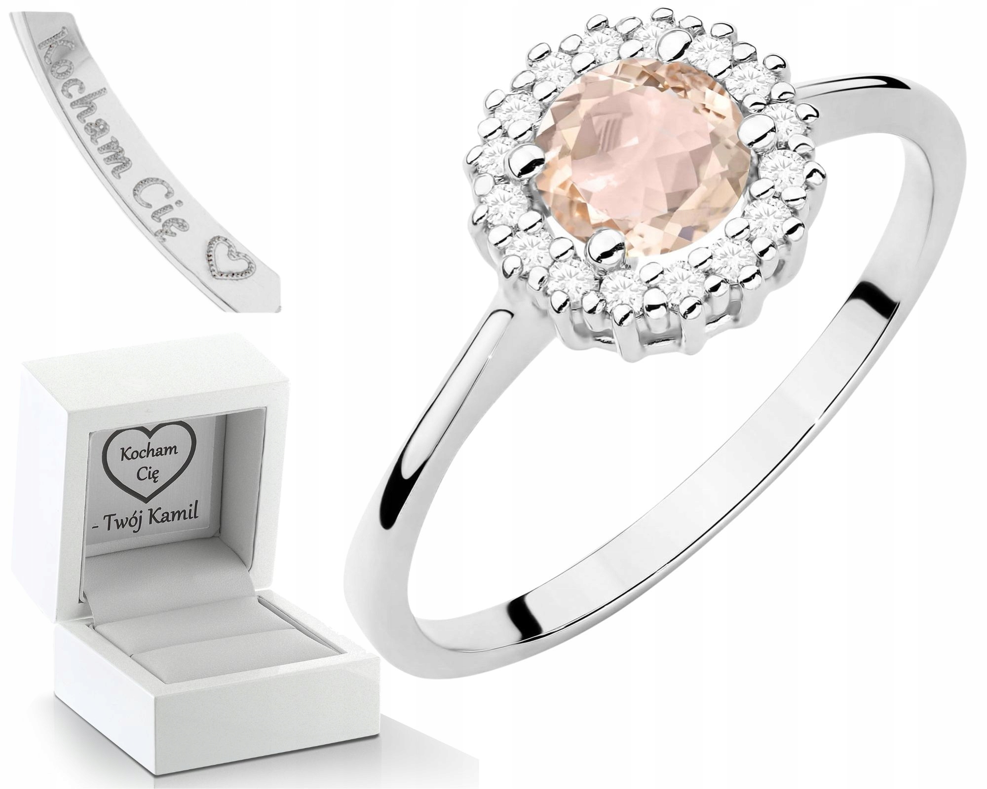 Dárek Z Bílého Prstýnek S Morganitem A Diamanty, Gravírování Bonus , Dárek 585