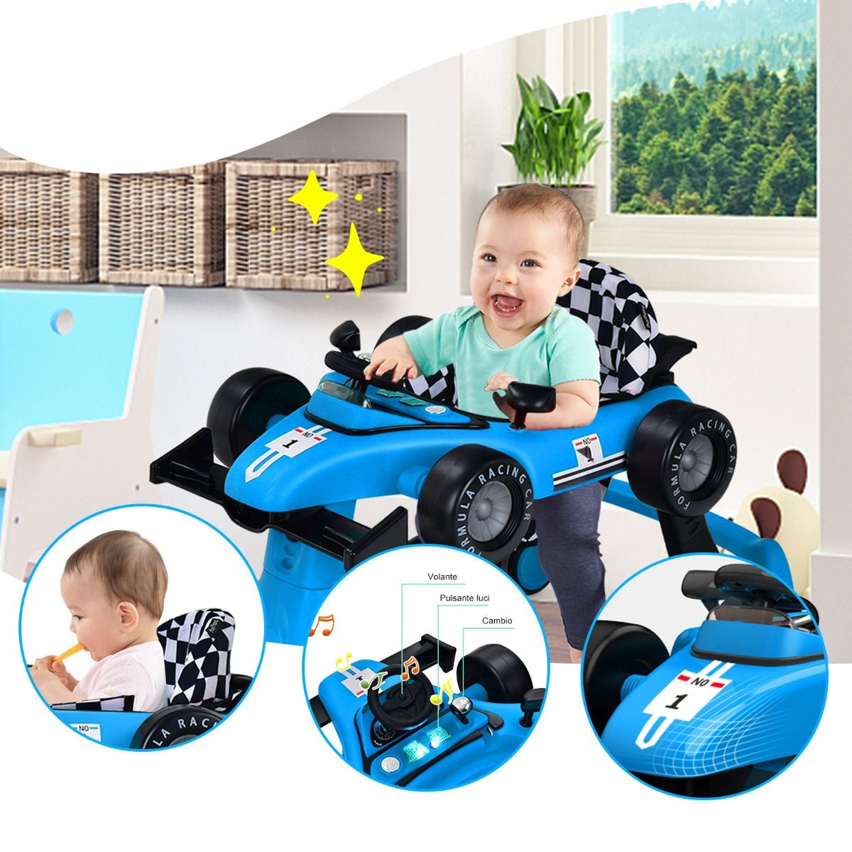 Chodzik 4 w 1 Jeździk z regulowaną wysokością Kolor dominujący odcienie niebieskiego