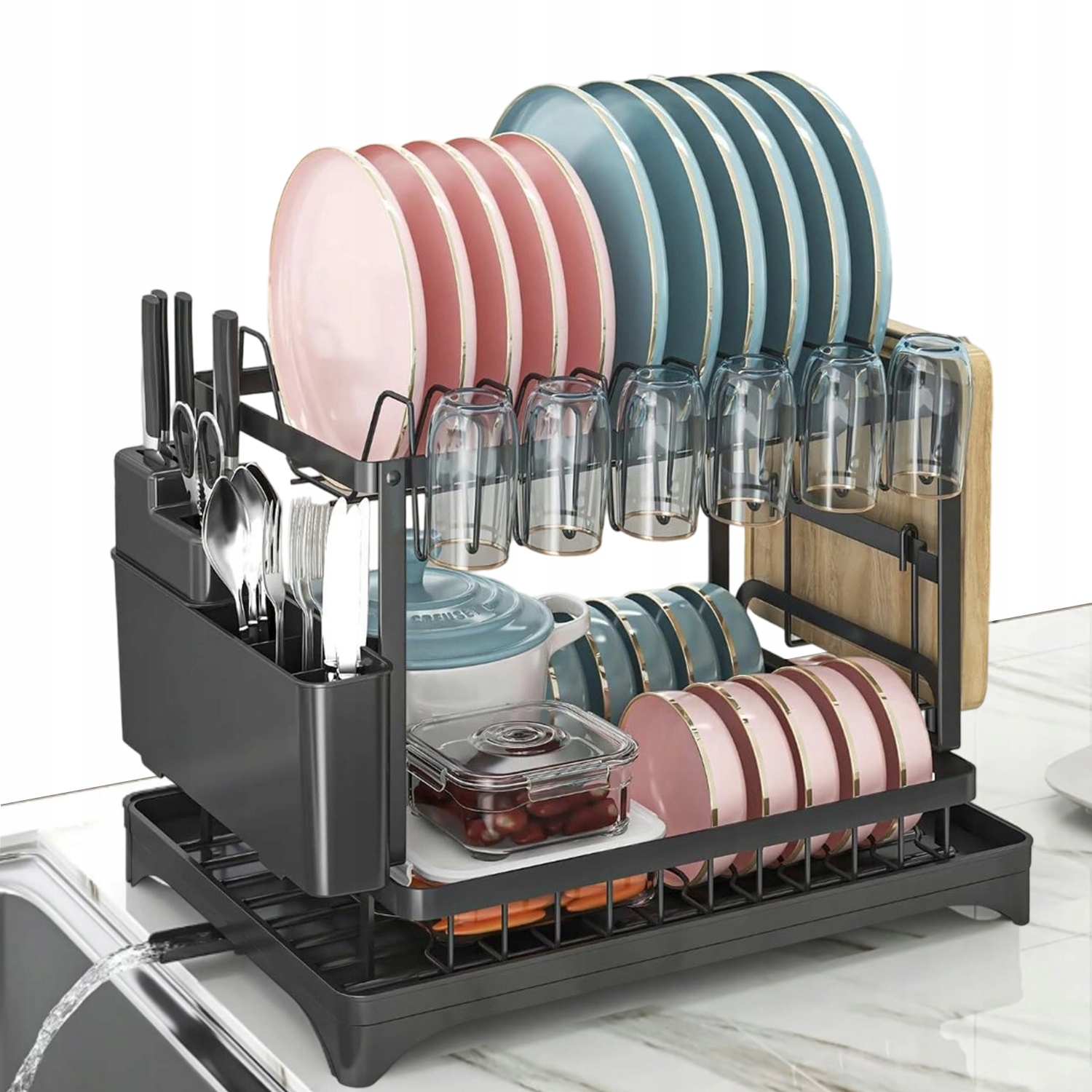 Odkapávač Na Nádobí Dvouúrovňová Talíře Příbory Odkapávač Na Nádobí Černá