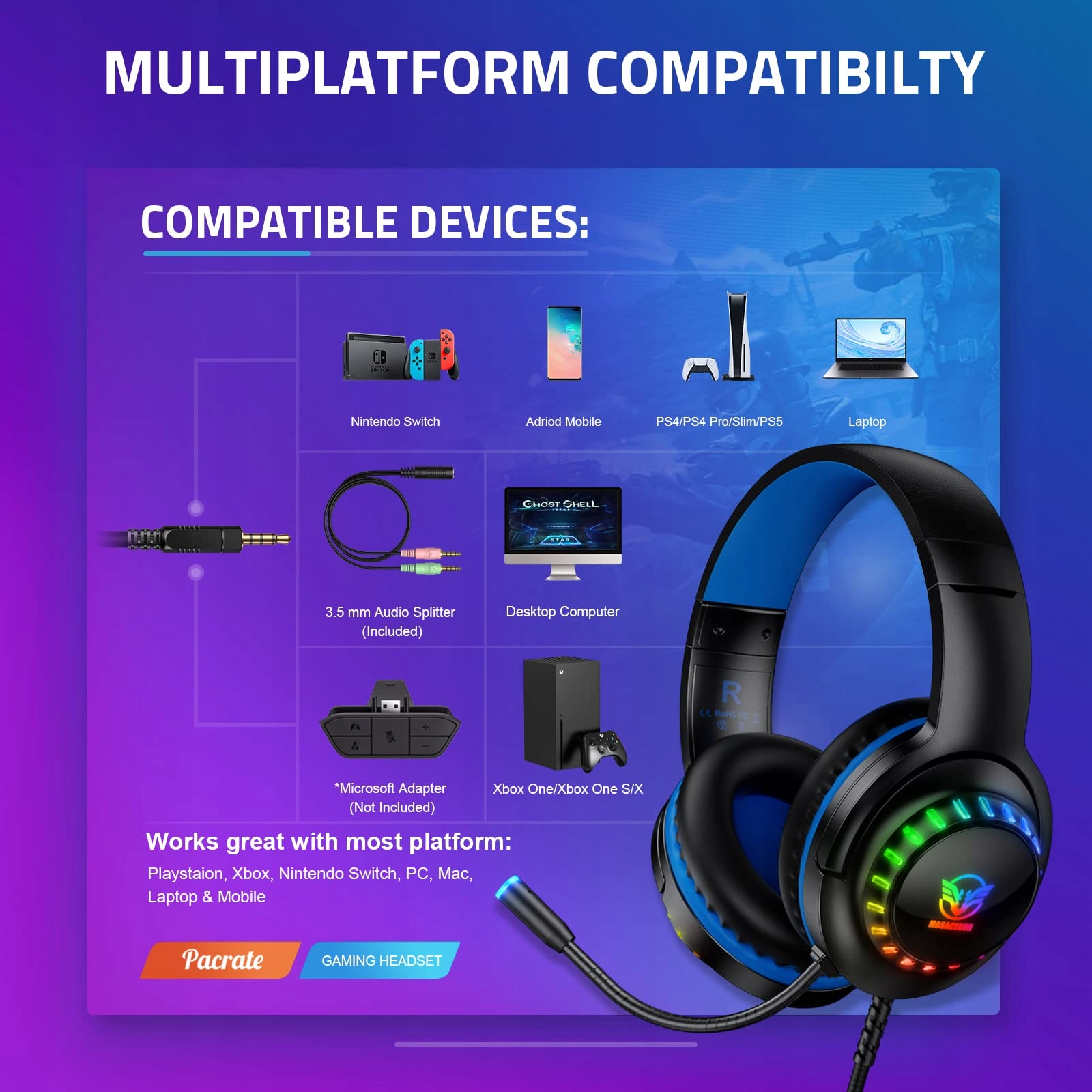 PACRATE RGB Słuchawki Gamingowe PS4 PS5 Xbox PC Switch z Mikrofonem RGB — miniatura 4