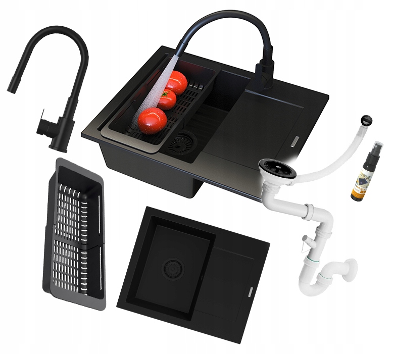 Čierny granitový jednokomorový Drez Bello Sada umývadlová batéria sifón