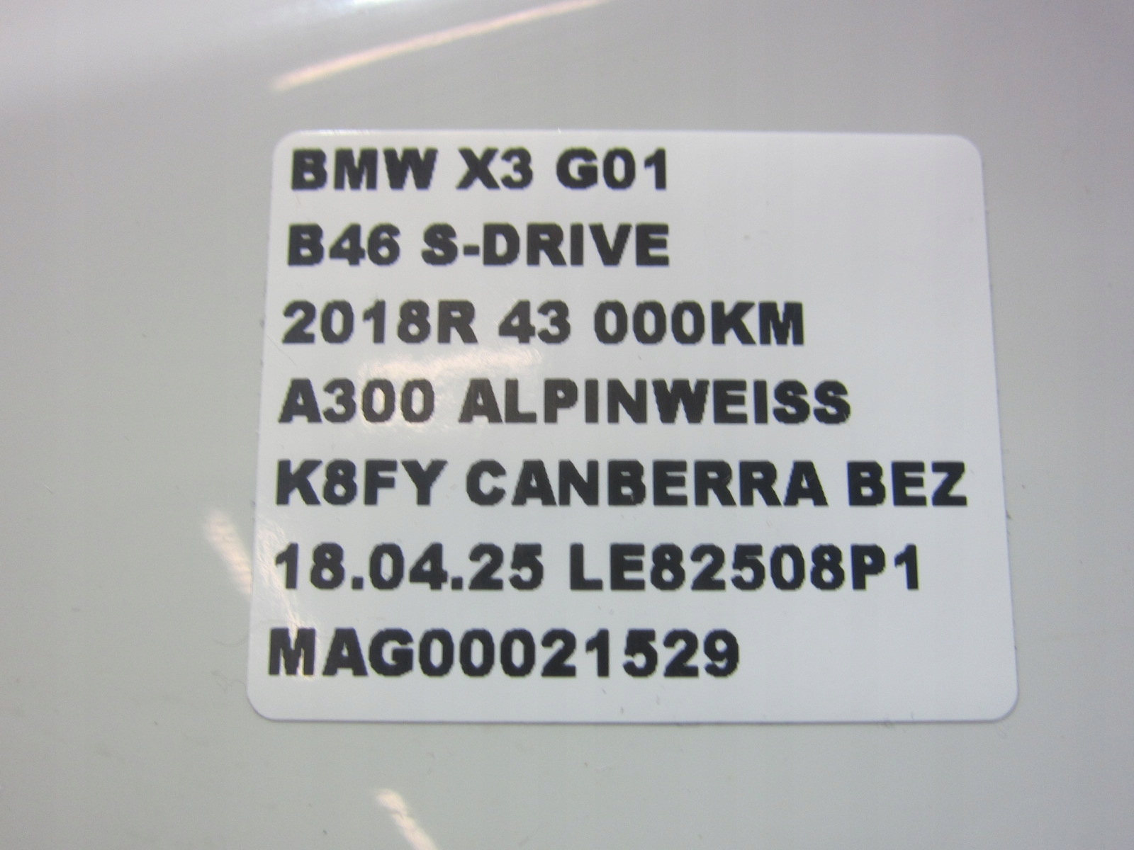 BMW X3 G01 X4 G02 BŁOTNIK LEWY PRZEDNI PRZÓD A300 ALPINWEISS 3 BIAŁY ORYGIN Wersja Europejska