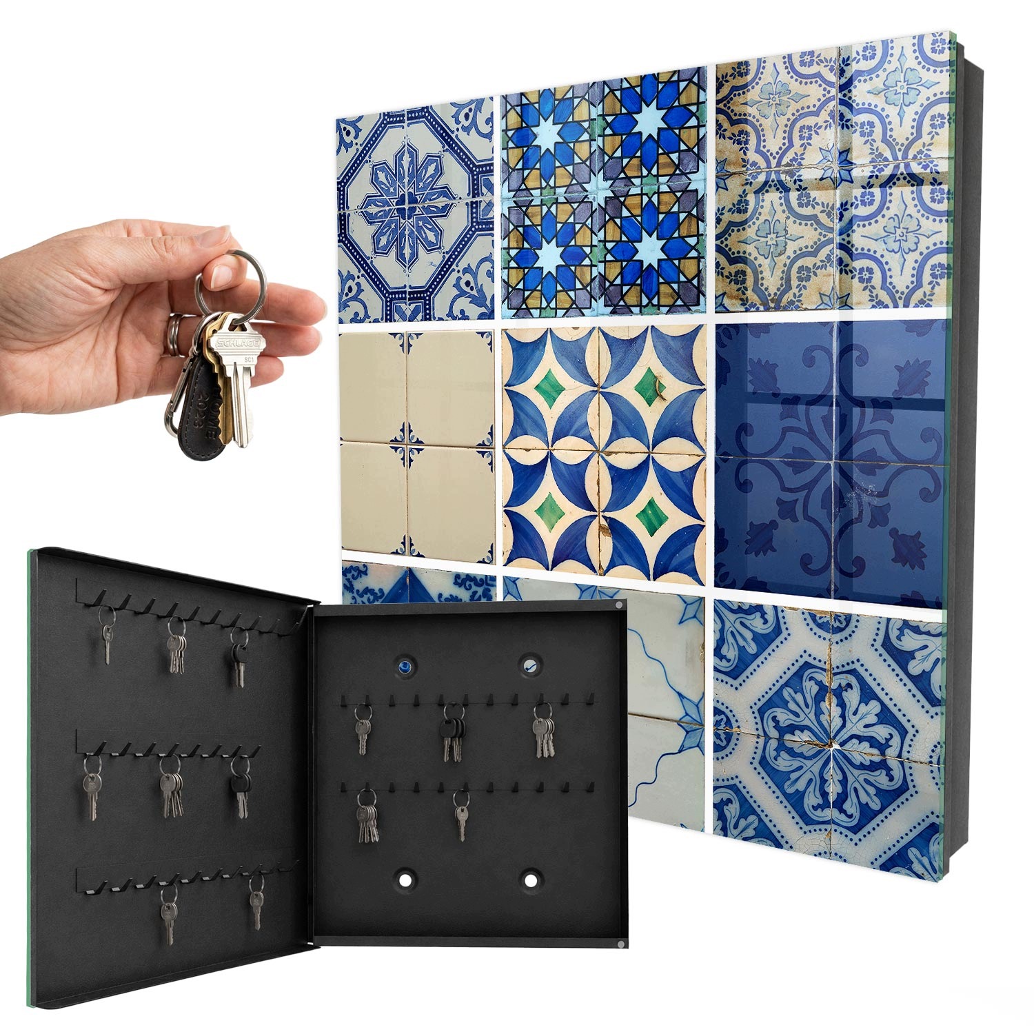 Nástěnná ozdobná schránka na klíče Azulejos Dlaždice Černá levá 30x30 cm