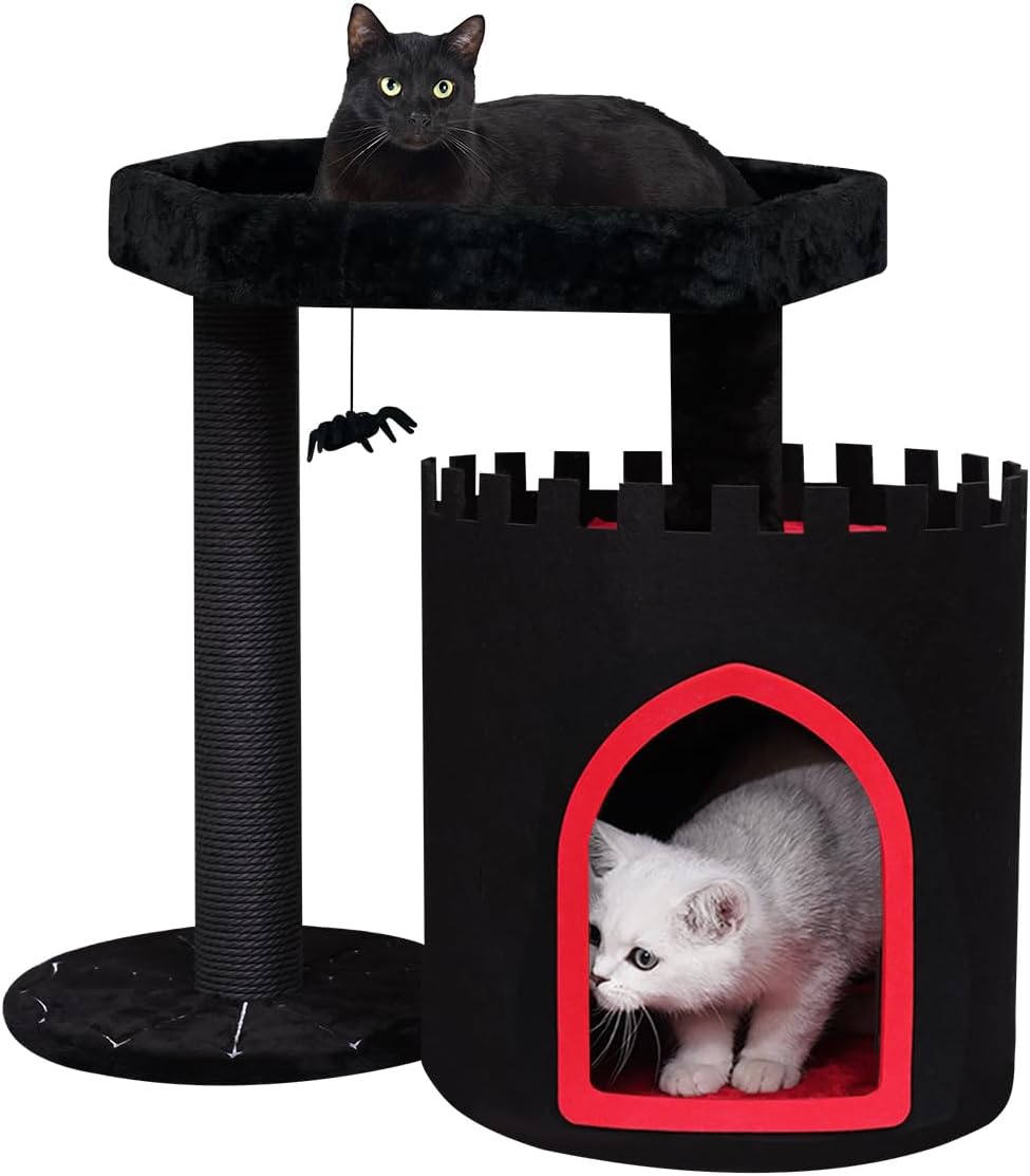 Škrabadlo Pro Kočky Gotická Černá Věž S Rakví A Halloweenskou Hračkou