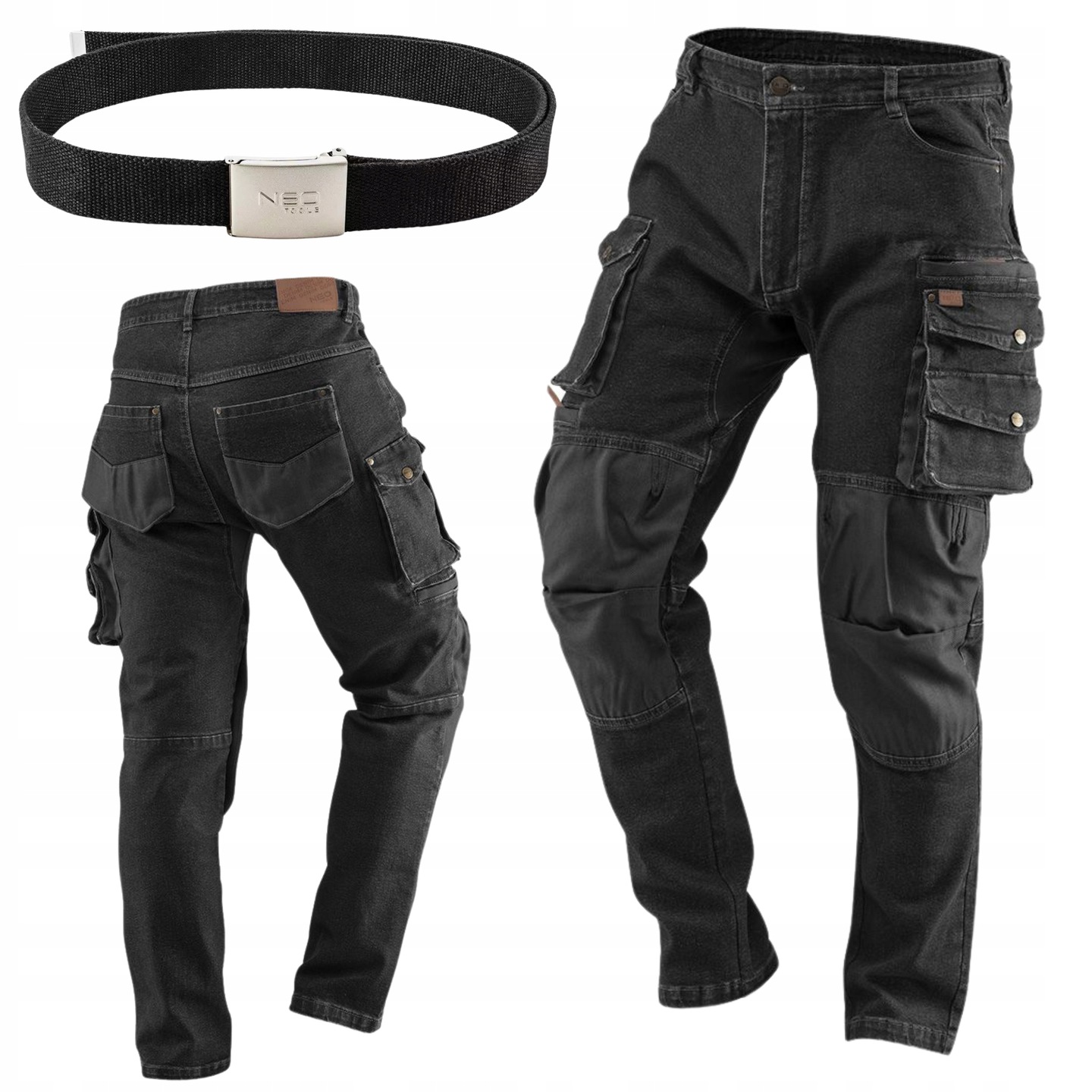 Neo Spodnie Robocze Męskie Jeans z Paskiem Stretch Denim Wzmocnienia Oxford