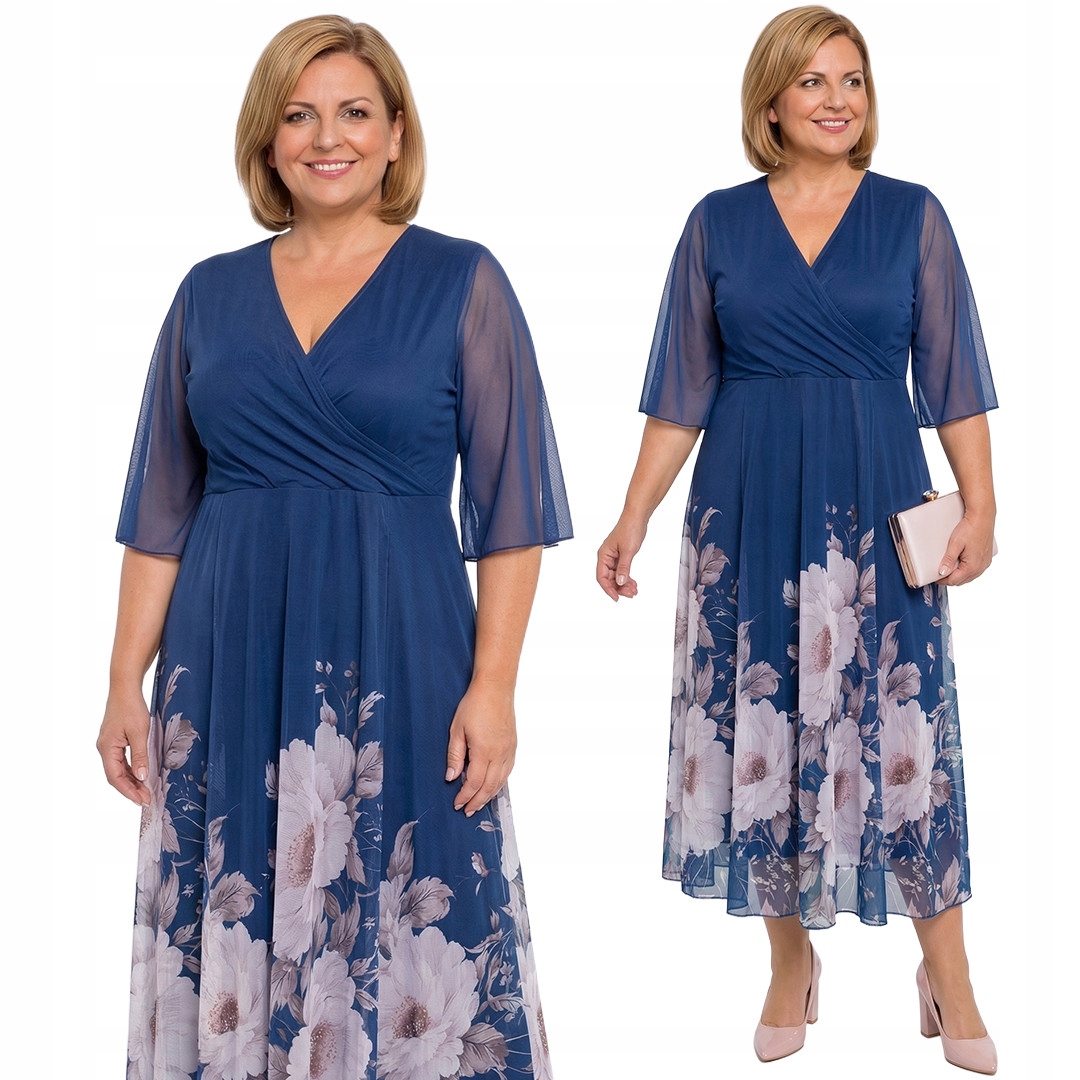 Šaty s modrým spodním dílem a světlými květy plus size velikost 48