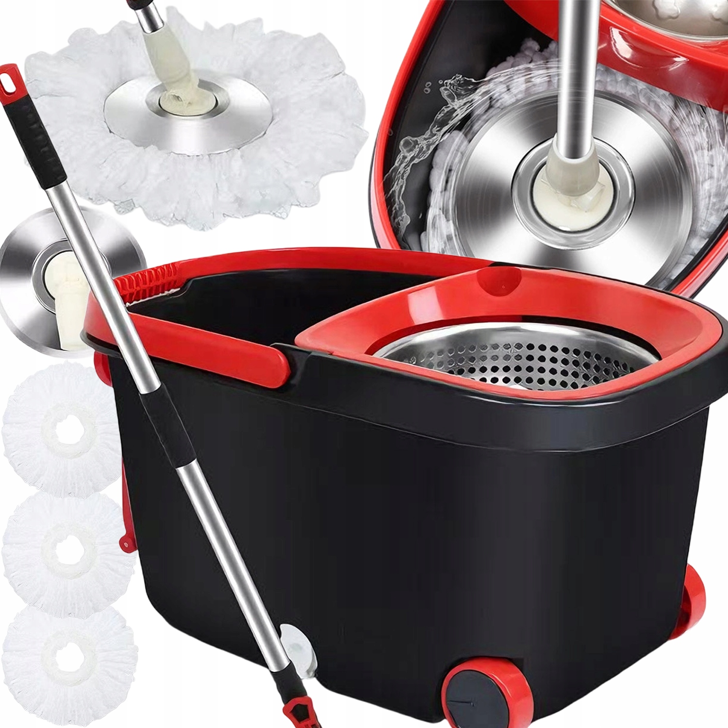 2V1 Rotační Mop 360 Podlahový Turbo 3 Nástavce Mikrovlákno Kbelík