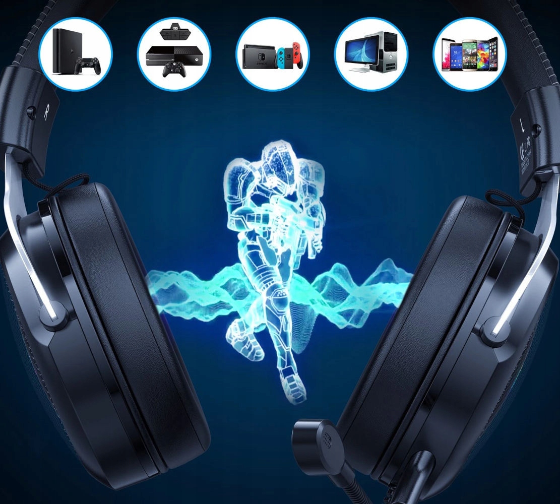 SŁUCHAWKI GAMINGOWE Z MIKROFONEM ODPINANY MIKROFON RGB USB PC PS4 PS5 XBOX Kolor czarny