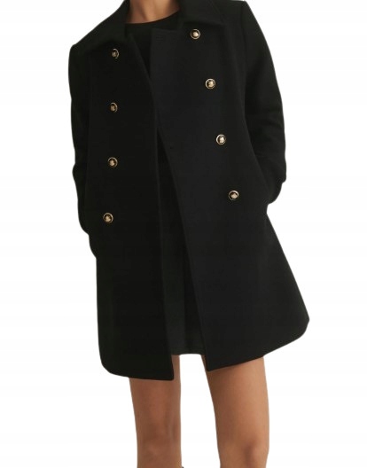CZARNY DWURZĘDOWY PŁASZCZ PRZEJŚCIOWY OZDOBNE GUZIKI Z DODATKIEM WEŁNY M
