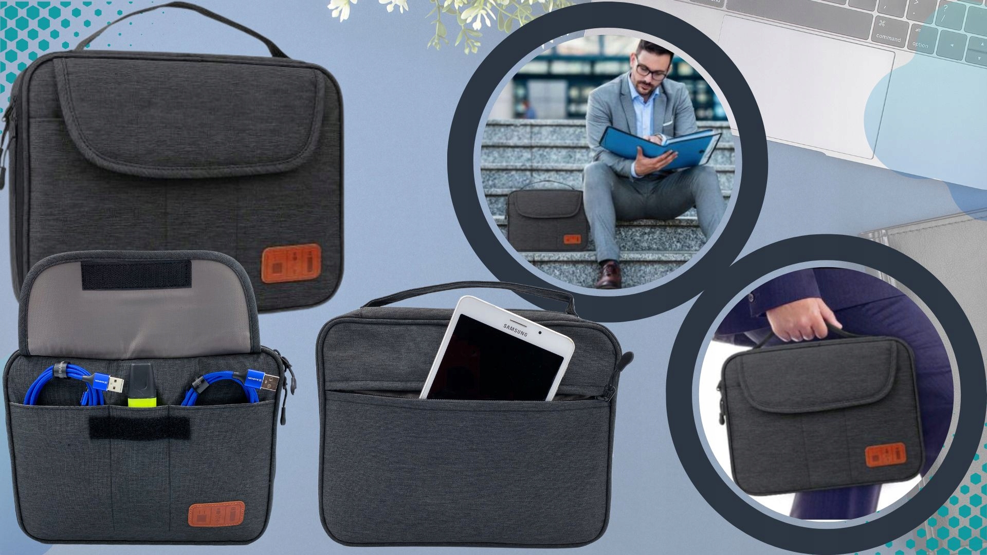 ETUI TORBA ORGANIZER NA ŁADOWARKI KABLE TABLET IPAD PORDÓŻNA POJEMNY JAKOŚĆ Materiał tkanina