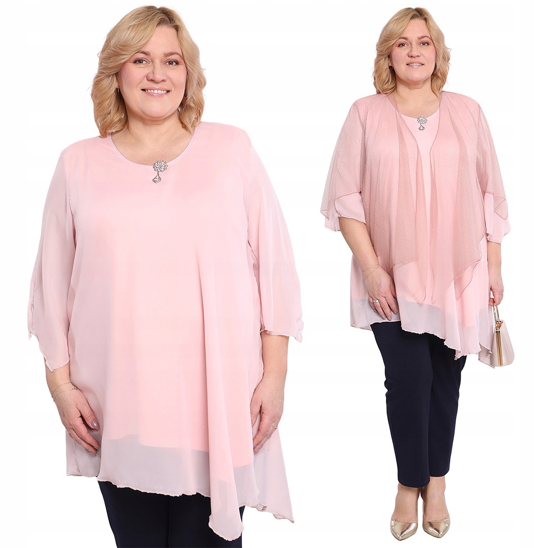 Světle růžová šifonová tunika s broží 48/50