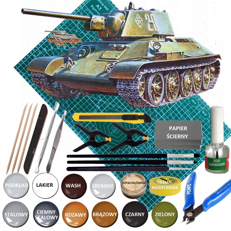 Model radziecki czołg T-34/76 1:72, mata A3, klej, farby, lakier, wash...
