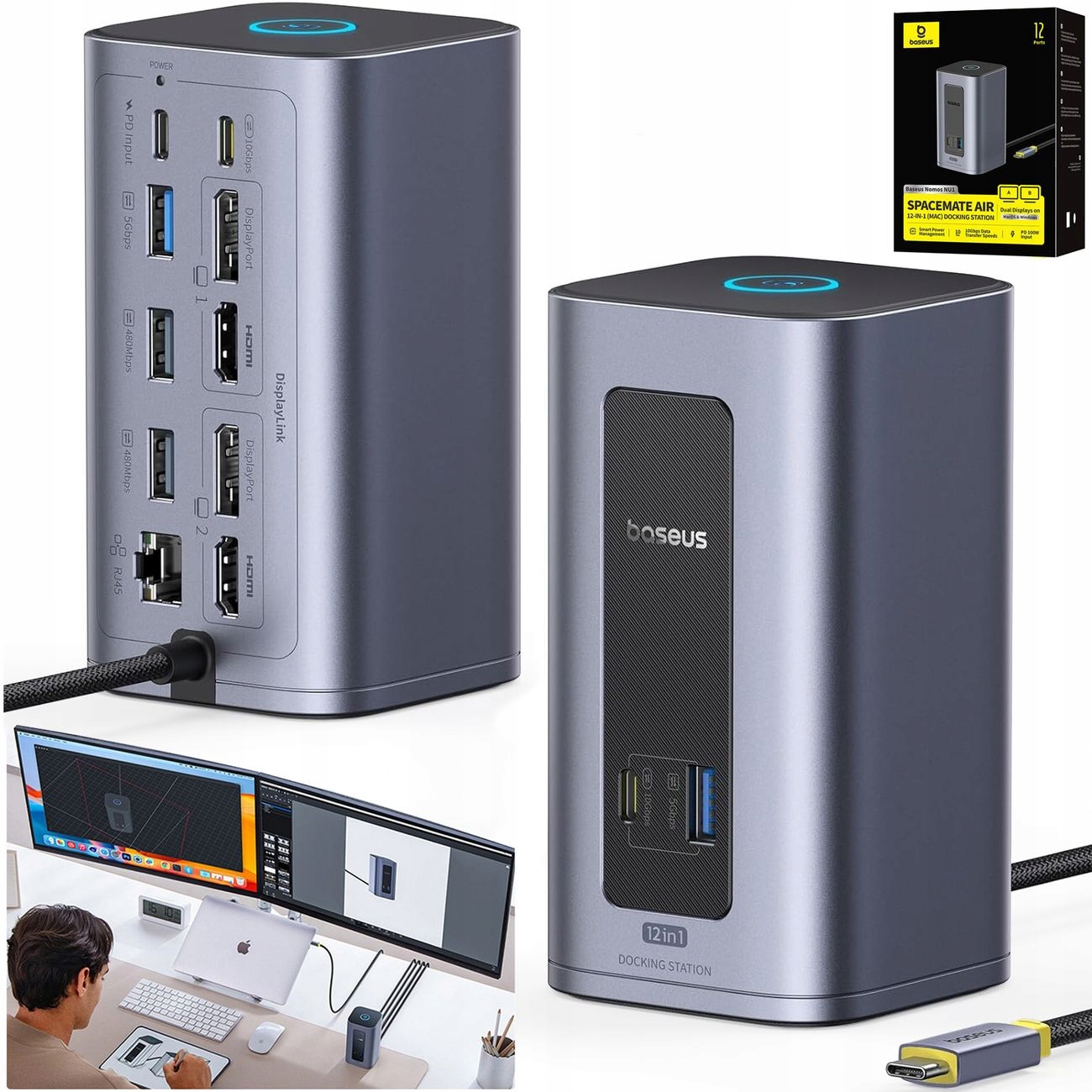 Viacportová HUBová stanica 12v1 Usb-c 2x Hdmi 2x Dp Dual Display Rj 45 100W