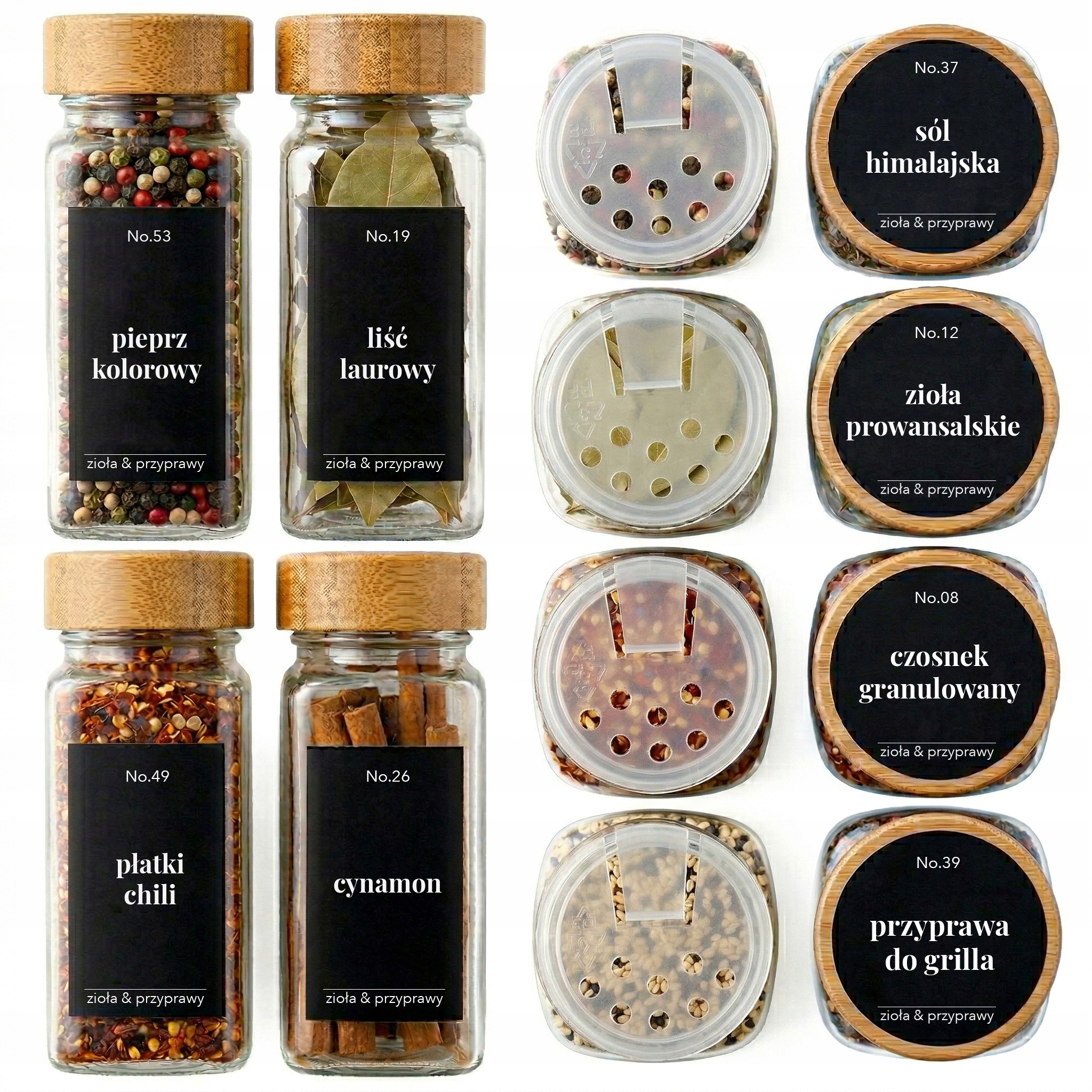 12 x pojemniki na przyprawy słoiki szklane bambusowa zakrętka etykiety